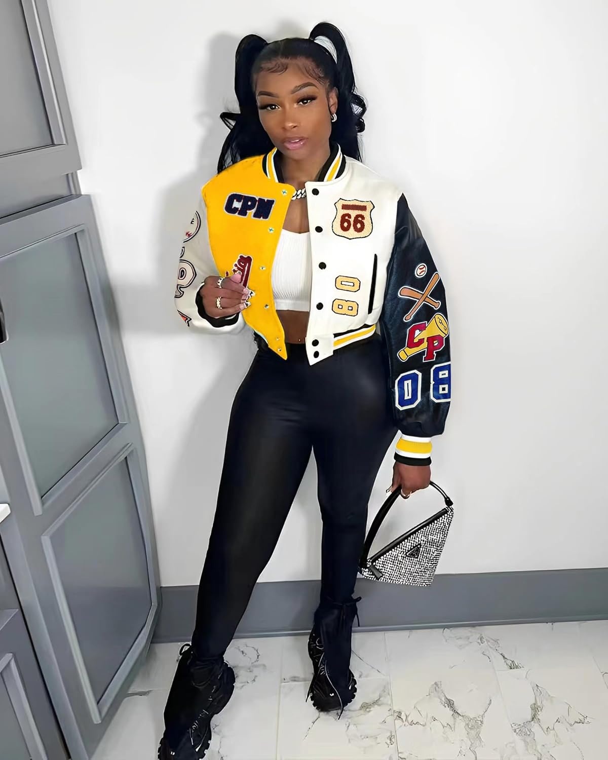 image:imageGlitrandi Varsity Jacket Women with Patches Print Cropped Bomber Leather Jacket Women 2025 SXXLAyellow