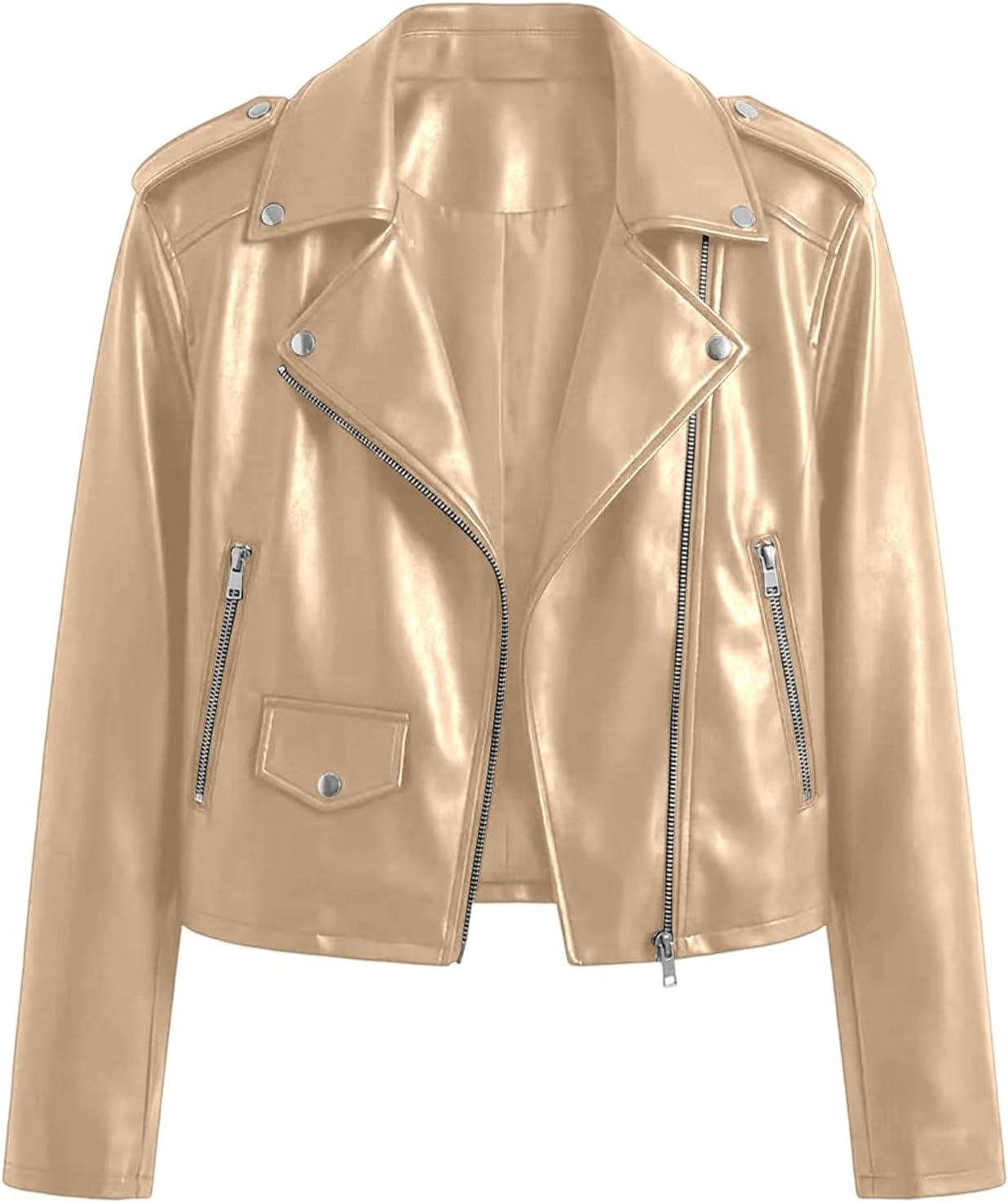 image:imageJiXiang Faux Leather Jacket Women Lapel Collared Fashion Vintage Coat Zipper Closure Cropped Biker Motorcycle Jackets Outwear1beige