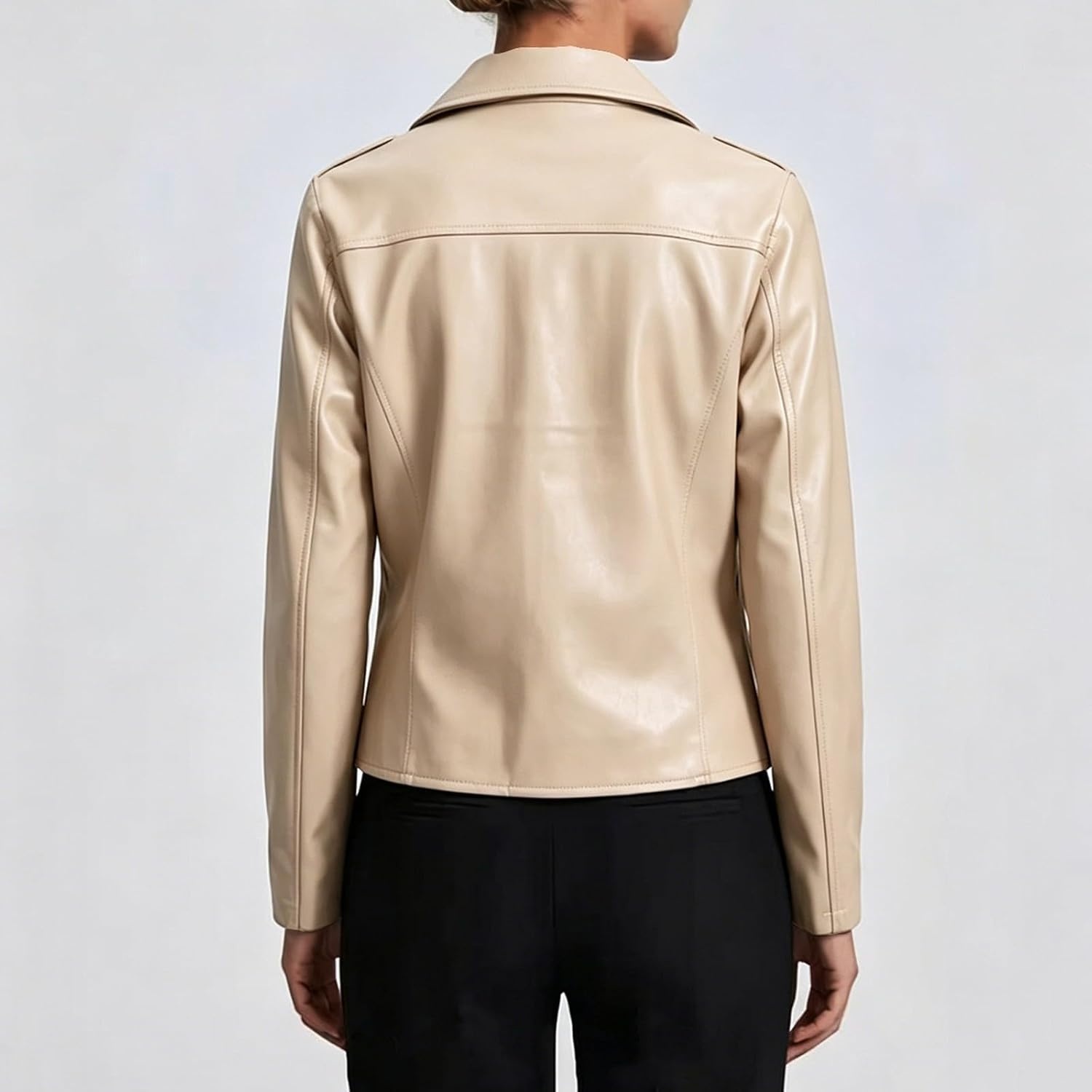 image:imageJiXiang Faux Leather Jacket Women Lapel Collared Fashion Vintage Coat Zipper Closure Cropped Biker Motorcycle Jackets Outwear1beige