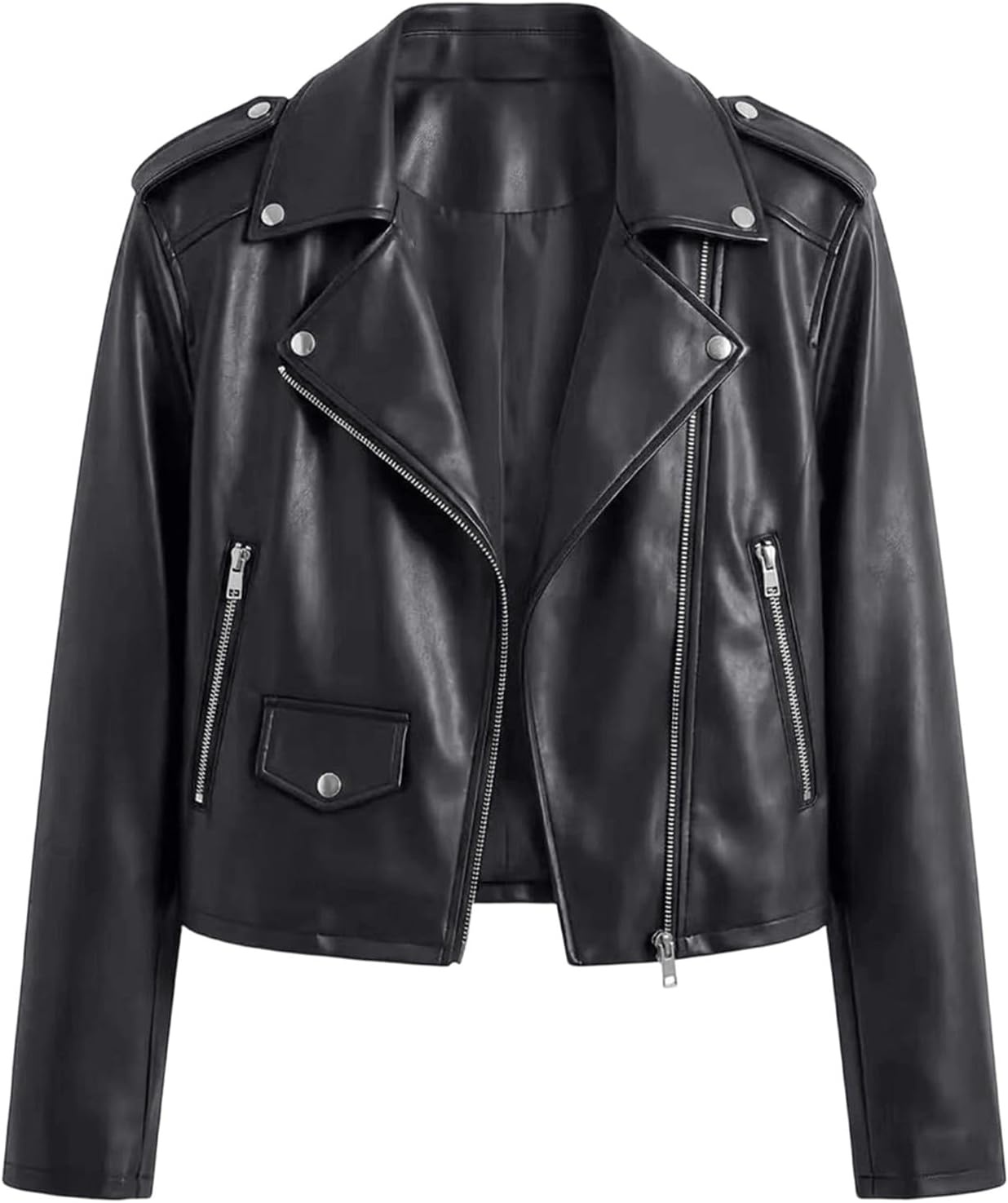image:imageJiXiang Faux Leather Jacket Women Lapel Collared Fashion Vintage Coat Zipper Closure Cropped Biker Motorcycle Jackets Outwear1black