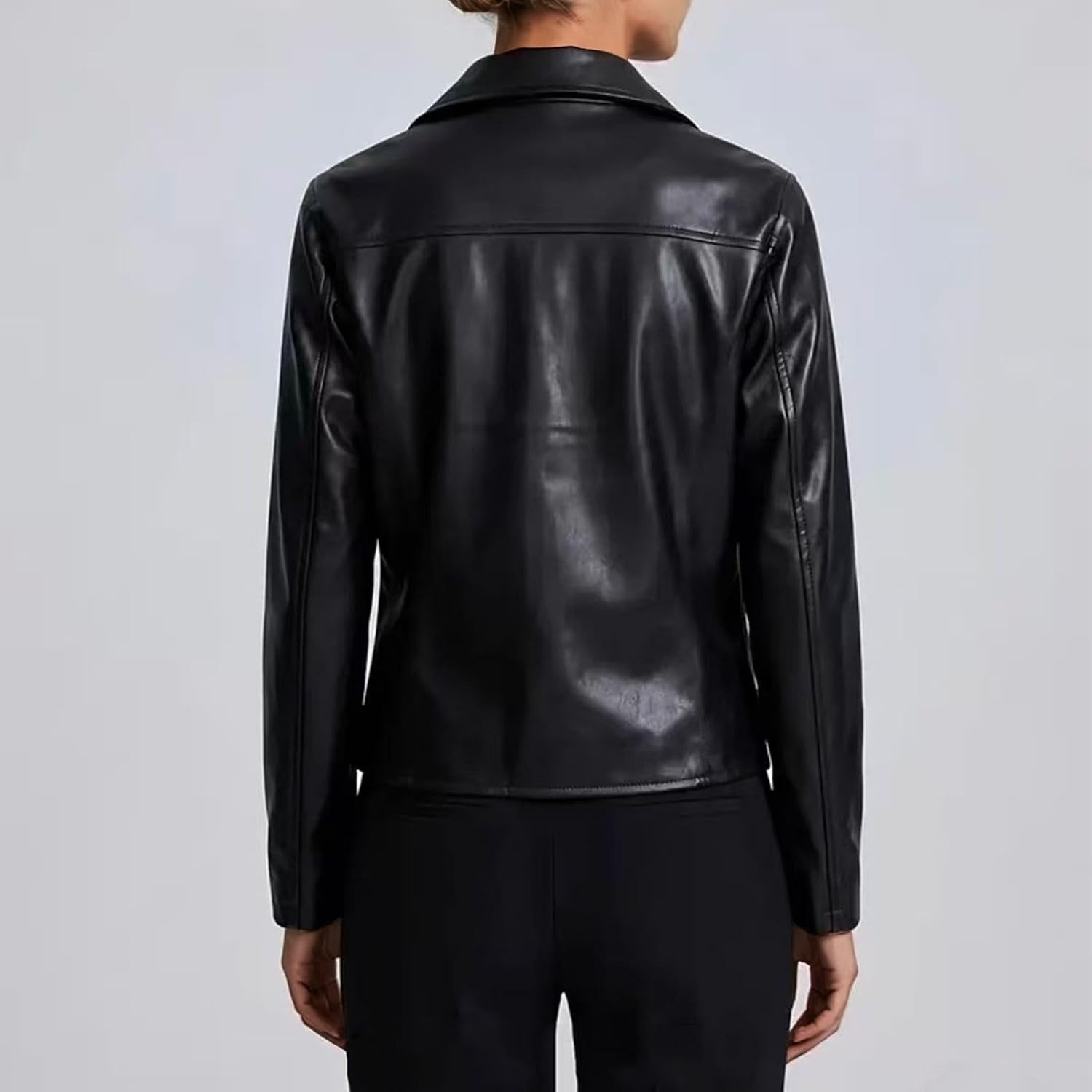 image:imageJiXiang Faux Leather Jacket Women Lapel Collared Fashion Vintage Coat Zipper Closure Cropped Biker Motorcycle Jackets Outwear1black