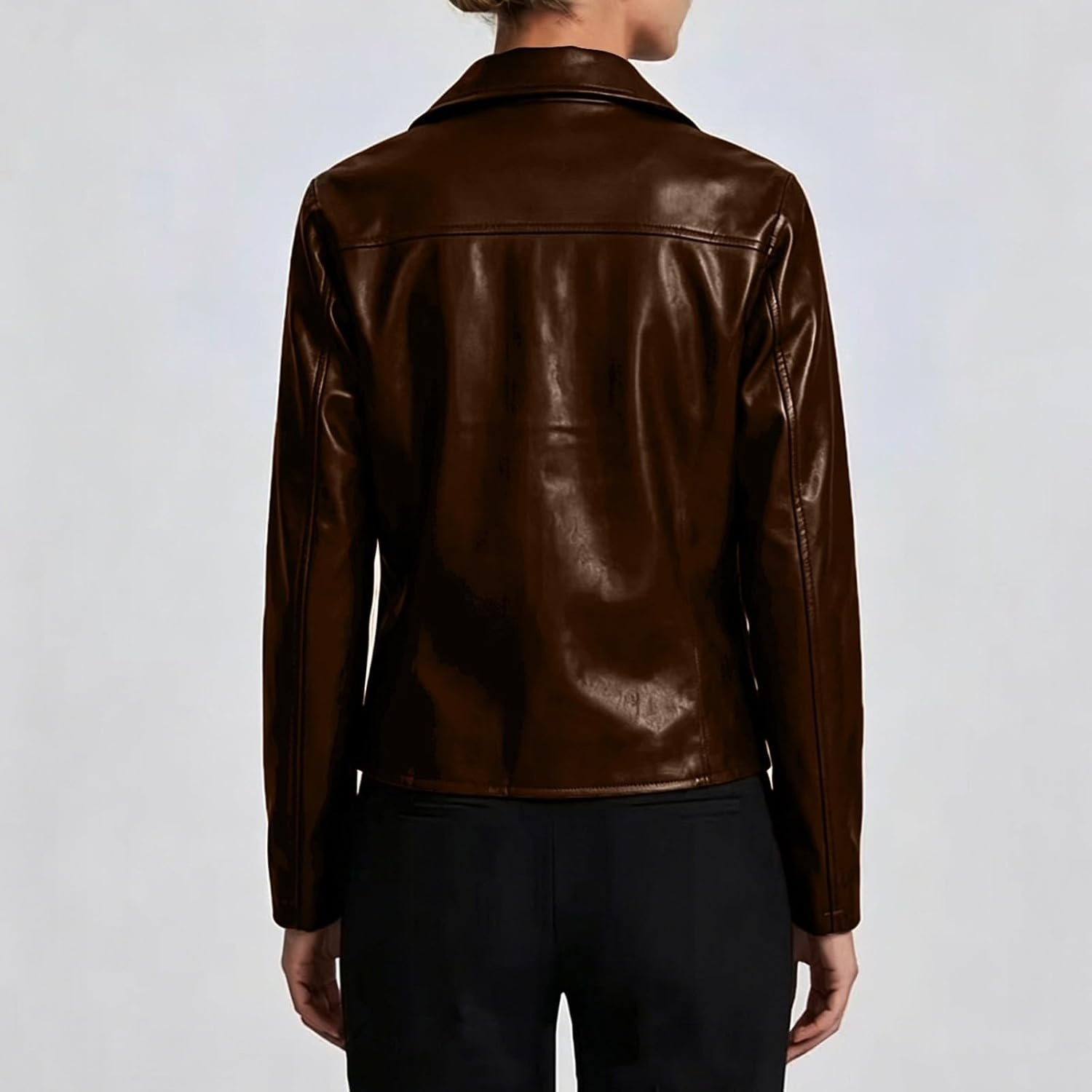 image:imageJiXiang Faux Leather Jacket Women Lapel Collared Fashion Vintage Coat Zipper Closure Cropped Biker Motorcycle Jackets Outwear1brown