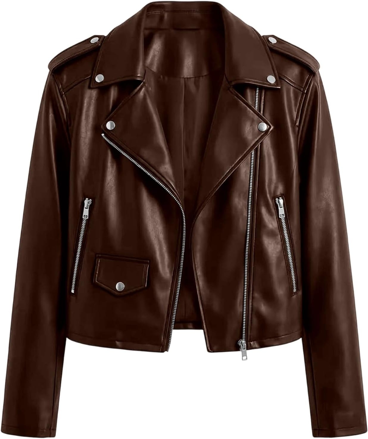 image:imageJiXiang Faux Leather Jacket Women Lapel Collared Fashion Vintage Coat Zipper Closure Cropped Biker Motorcycle Jackets Outwear1brown
