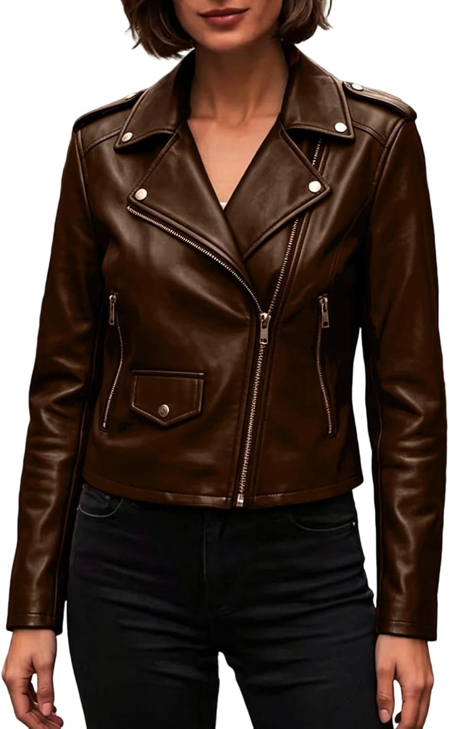 image:imageJiXiang Faux Leather Jacket Women Lapel Collared Fashion Vintage Coat Zipper Closure Cropped Biker Motorcycle Jackets Outwear1brown