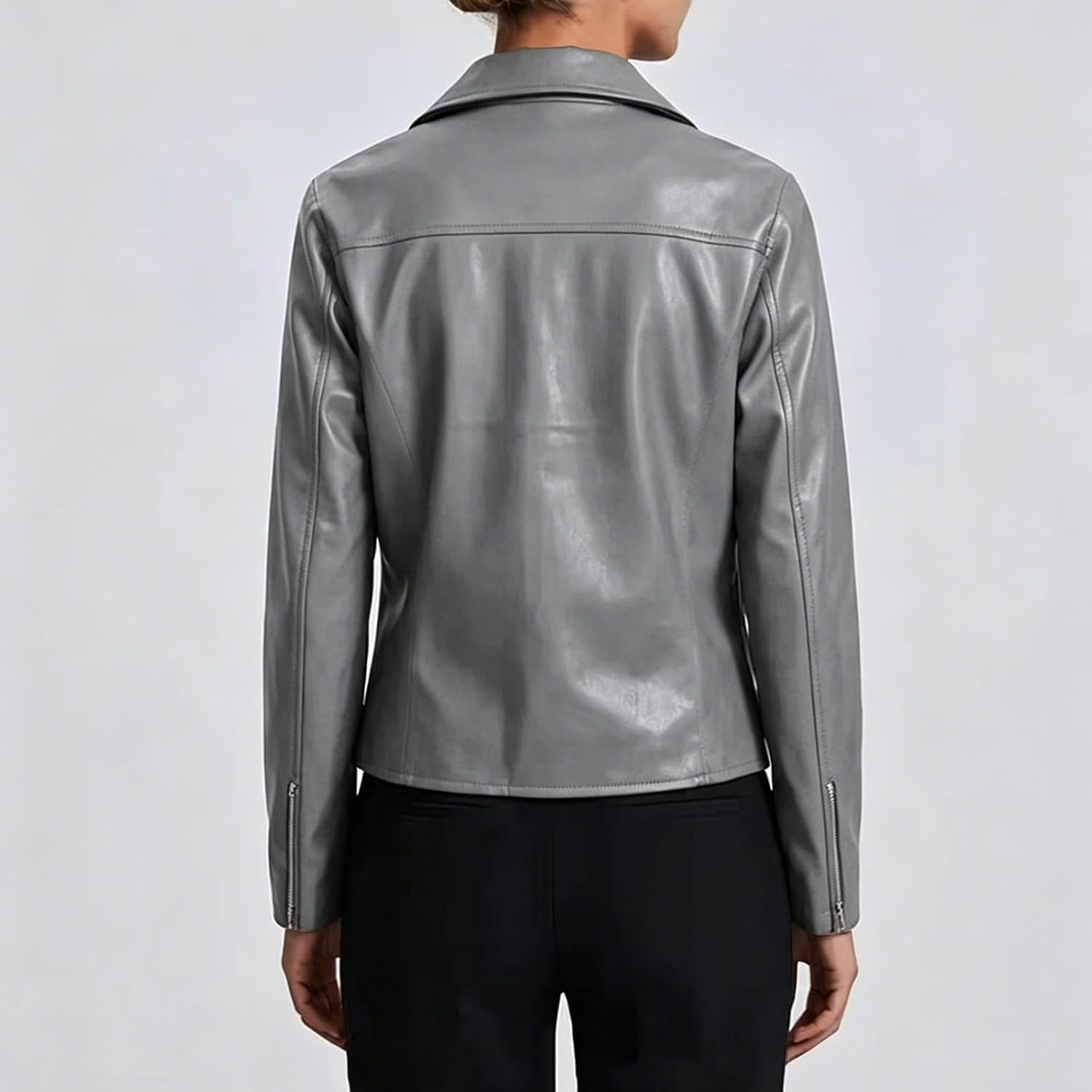 image:imageJiXiang Faux Leather Jacket Women Lapel Collared Fashion Vintage Coat Zipper Closure Cropped Biker Motorcycle Jackets Outwear1grey