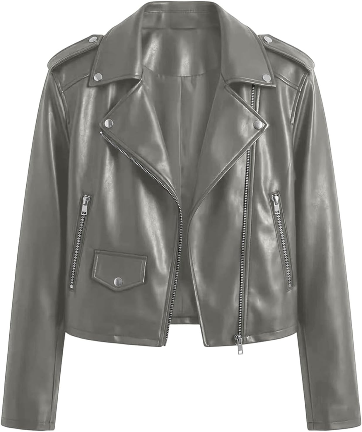 image:imageJiXiang Faux Leather Jacket Women Lapel Collared Fashion Vintage Coat Zipper Closure Cropped Biker Motorcycle Jackets Outwear1grey
