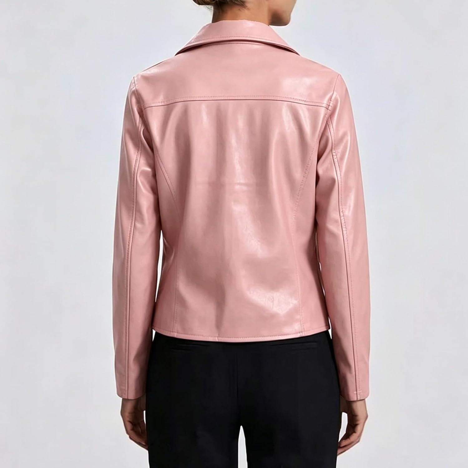 image:imageJiXiang Faux Leather Jacket Women Lapel Collared Fashion Vintage Coat Zipper Closure Cropped Biker Motorcycle Jackets Outwear1light Pink