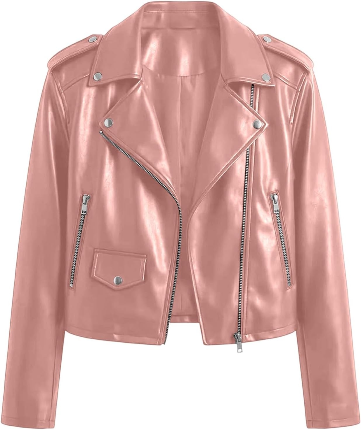image:imageJiXiang Faux Leather Jacket Women Lapel Collared Fashion Vintage Coat Zipper Closure Cropped Biker Motorcycle Jackets Outwear1light Pink