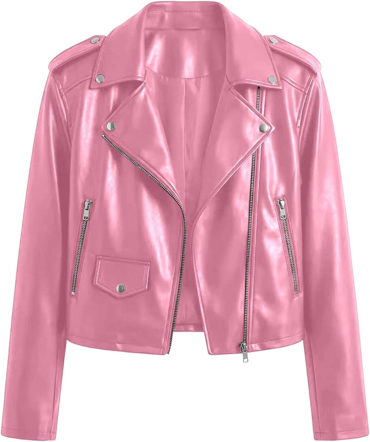 image:imageJiXiang Faux Leather Jacket Women Lapel Collared Fashion Vintage Coat Zipper Closure Cropped Biker Motorcycle Jackets Outwear1pink
