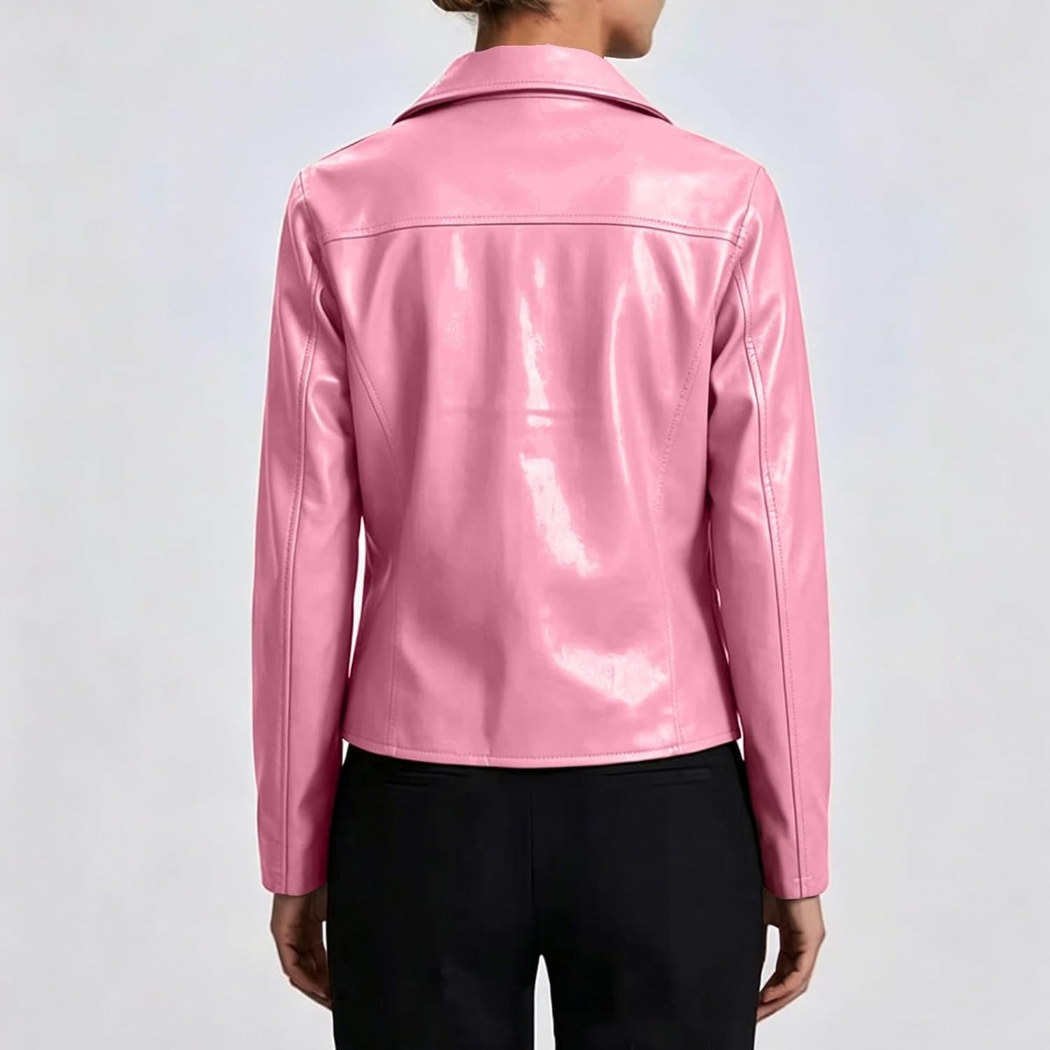 image:imageJiXiang Faux Leather Jacket Women Lapel Collared Fashion Vintage Coat Zipper Closure Cropped Biker Motorcycle Jackets Outwear1pink