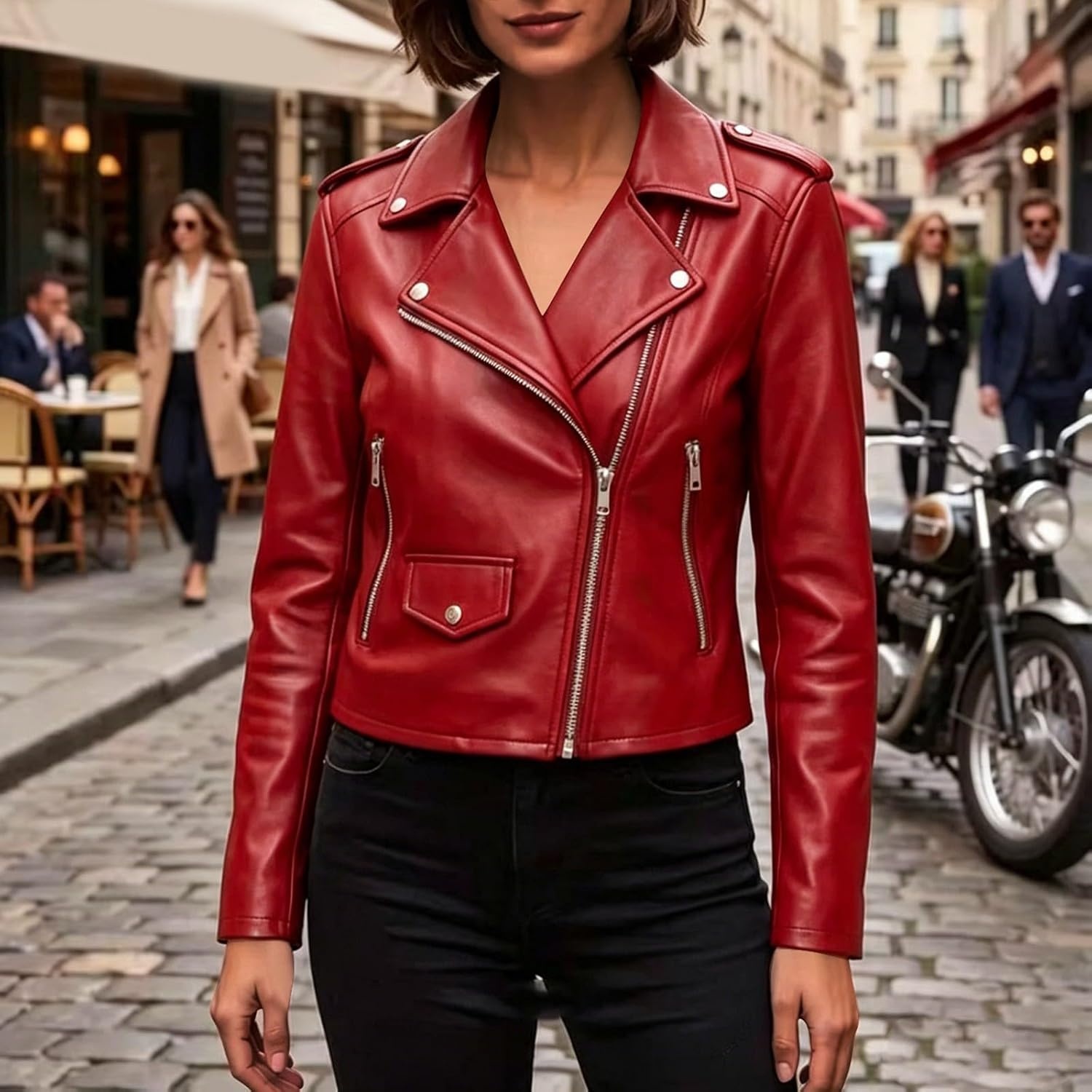 image:imageJiXiang Faux Leather Jacket Women Lapel Collared Fashion Vintage Coat Zipper Closure Cropped Biker Motorcycle Jackets Outwear1rd1