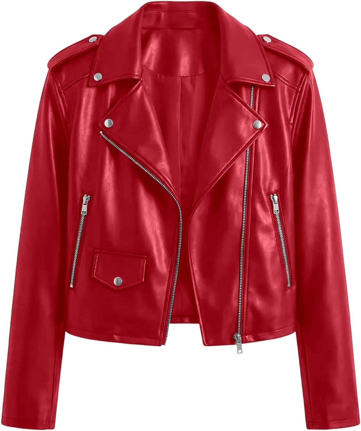 image:imageJiXiang Faux Leather Jacket Women Lapel Collared Fashion Vintage Coat Zipper Closure Cropped Biker Motorcycle Jackets Outwear1rd1
