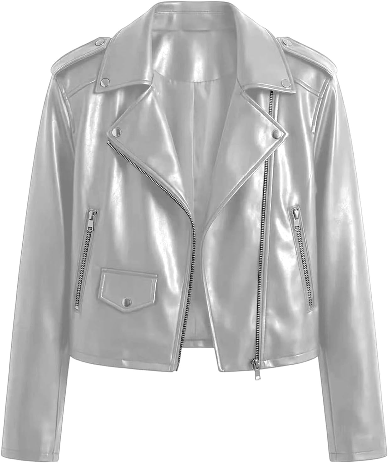 image:imageJiXiang Faux Leather Jacket Women Lapel Collared Fashion Vintage Coat Zipper Closure Cropped Biker Motorcycle Jackets Outwear1silver