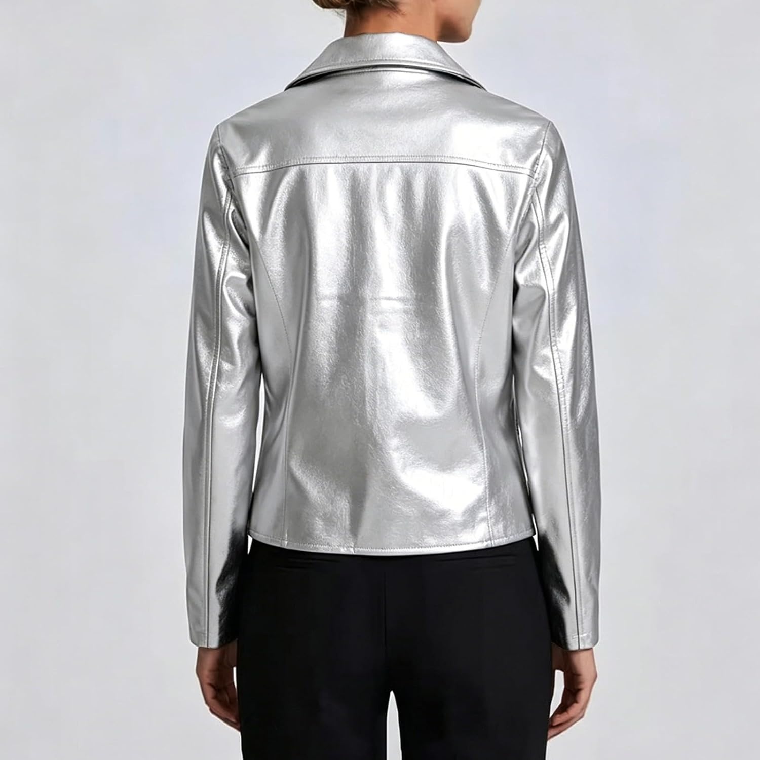 image:imageJiXiang Faux Leather Jacket Women Lapel Collared Fashion Vintage Coat Zipper Closure Cropped Biker Motorcycle Jackets Outwear1silver