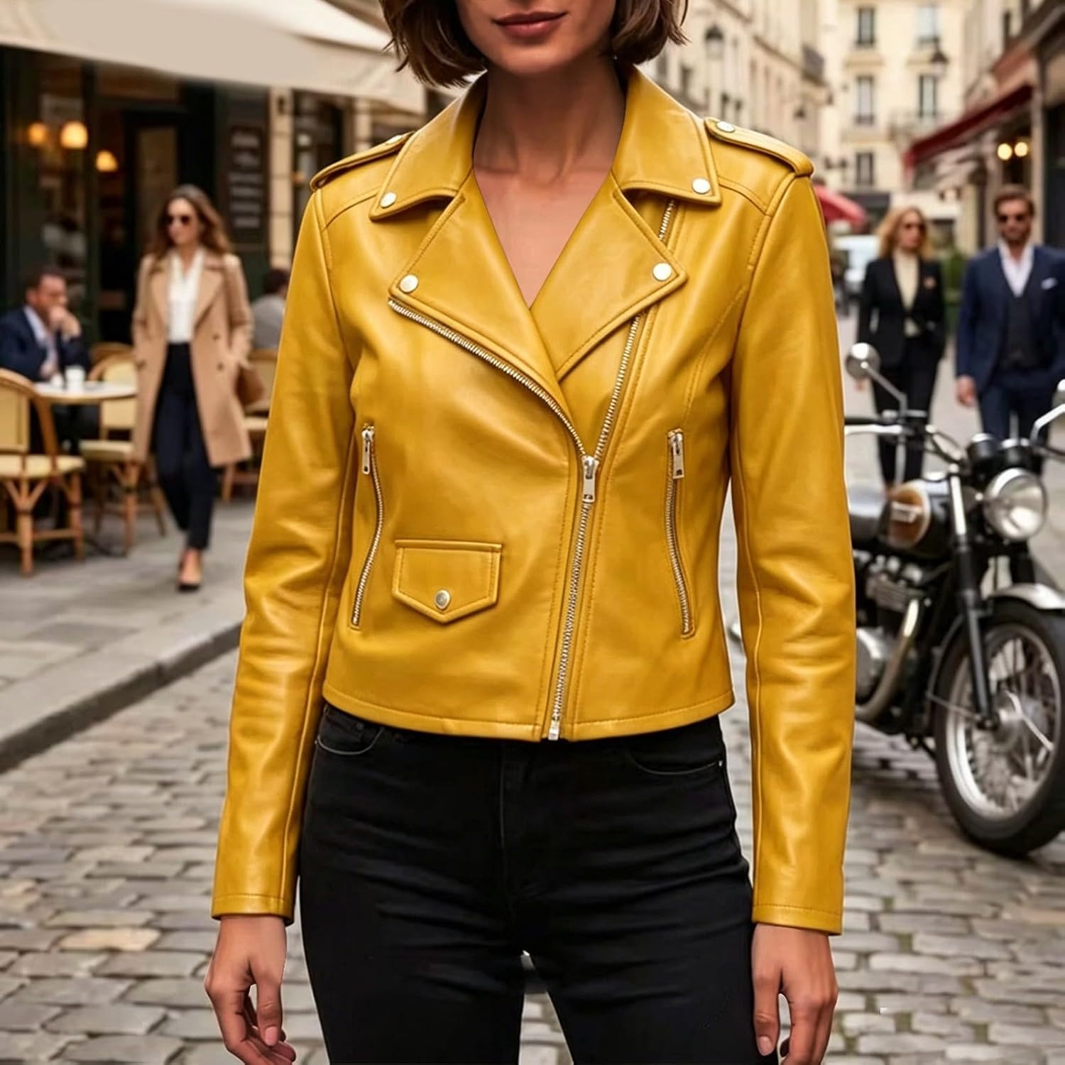 image:imageJiXiang Faux Leather Jacket Women Lapel Collared Fashion Vintage Coat Zipper Closure Cropped Biker Motorcycle Jackets Outwear1yellow