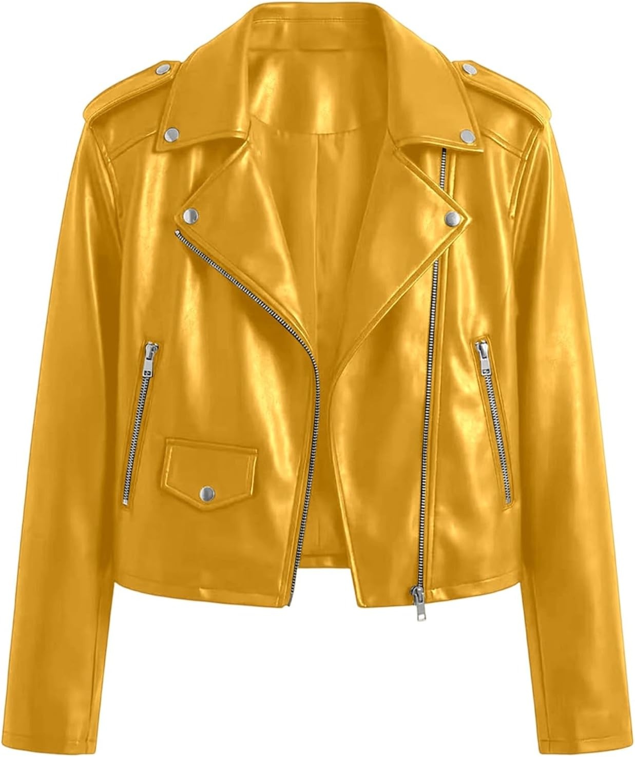 image:imageJiXiang Faux Leather Jacket Women Lapel Collared Fashion Vintage Coat Zipper Closure Cropped Biker Motorcycle Jackets Outwear1yellow