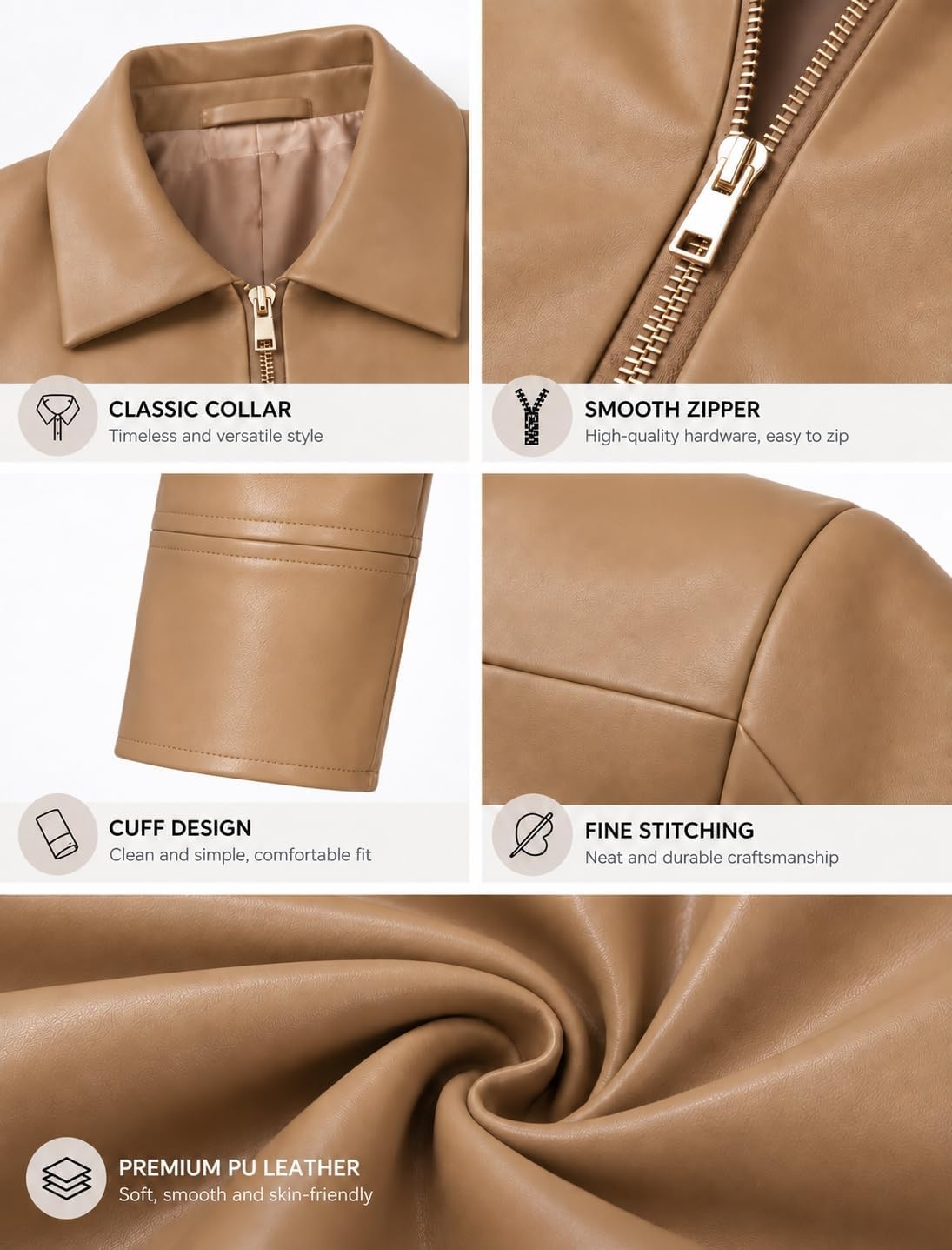 image:imageKINIKO Womens Cropped Faux Leather Jacket Slim Fit Windproof Coat with Pockets for Spring Fall Winter Motorcycle Outerwear2brown