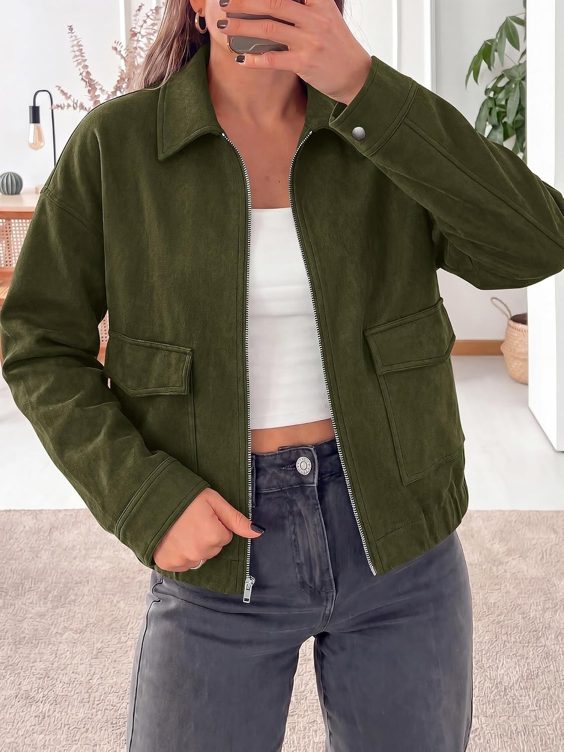image:imageKIRUNDO Womens Faux Suede Bomber Jacket Zip Up Cropped Fall CoatsArmy Green
