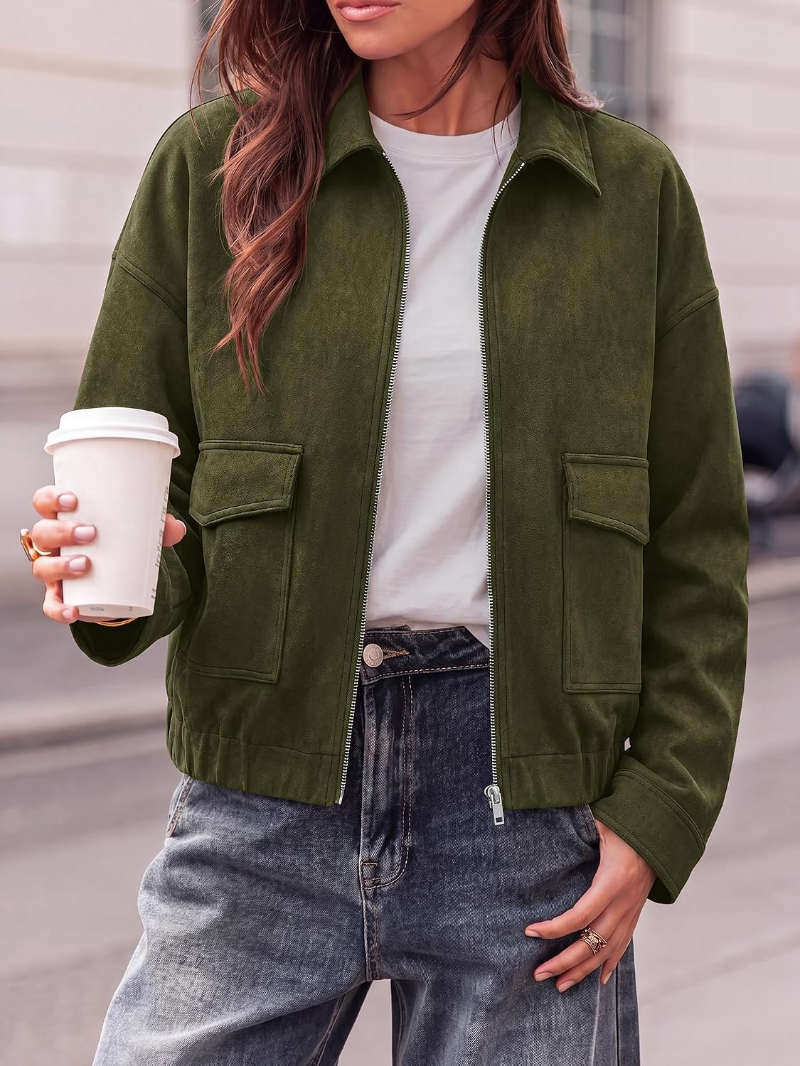 image:imageKIRUNDO Womens Faux Suede Bomber Jacket Zip Up Cropped Fall CoatsArmy Green