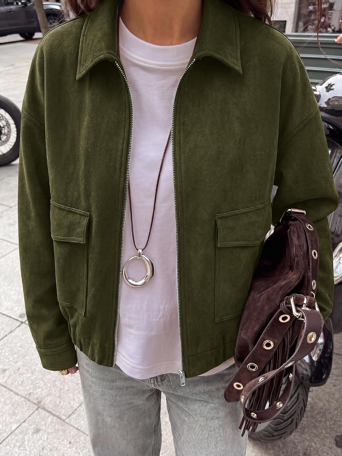 image:imageKIRUNDO Womens Faux Suede Bomber Jacket Zip Up Cropped Fall CoatsArmy Green