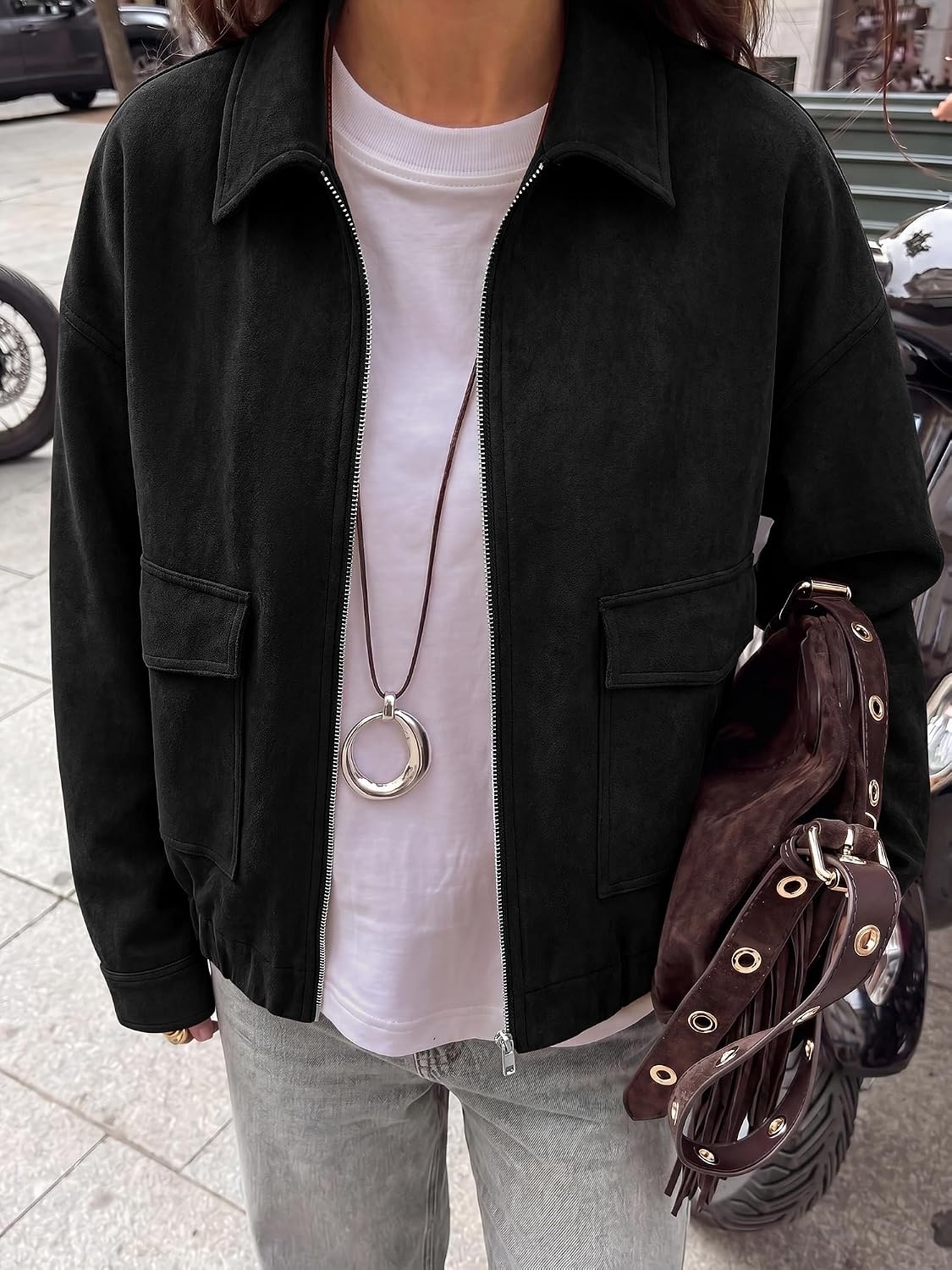 image:imageKIRUNDO Womens Faux Suede Bomber Jacket Zip Up Cropped Fall CoatsBlack