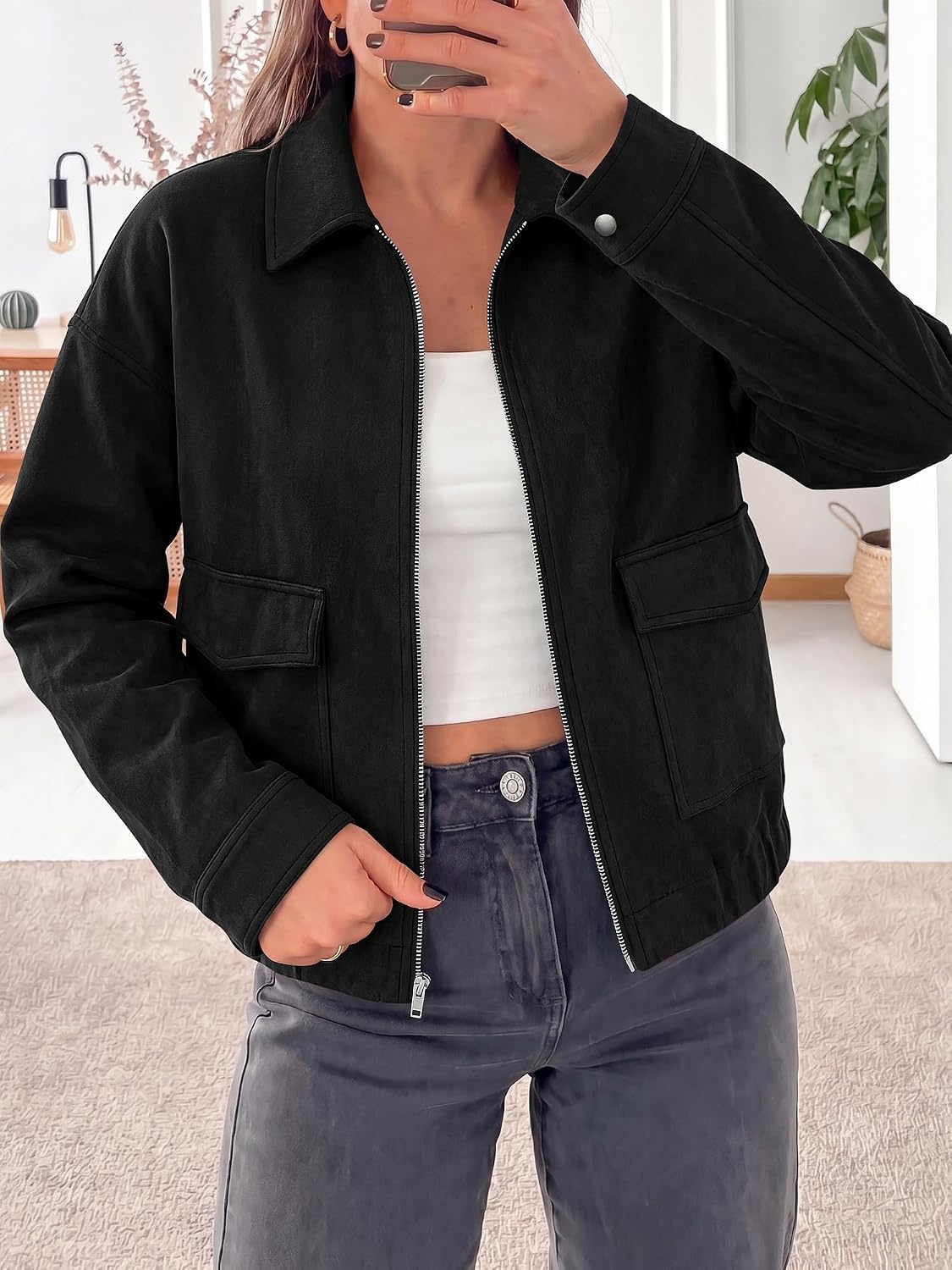 image:imageKIRUNDO Womens Faux Suede Bomber Jacket Zip Up Cropped Fall CoatsBlack