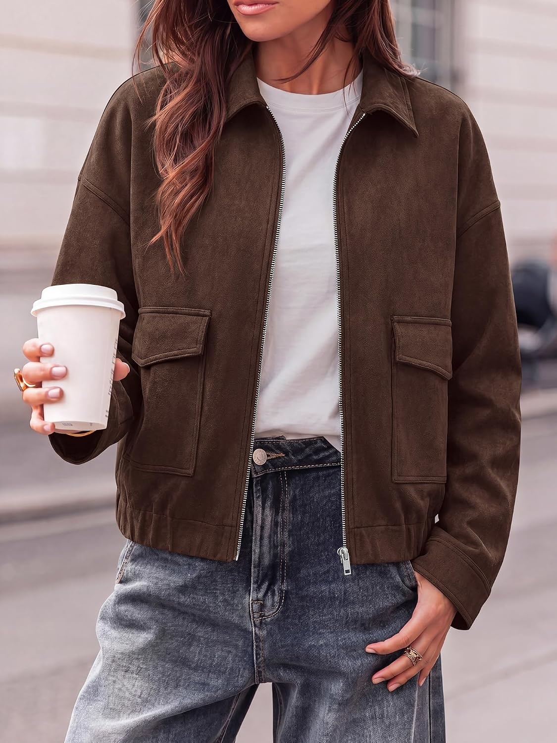 image:imageKIRUNDO Womens Faux Suede Bomber Jacket Zip Up Cropped Fall CoatsCoffee