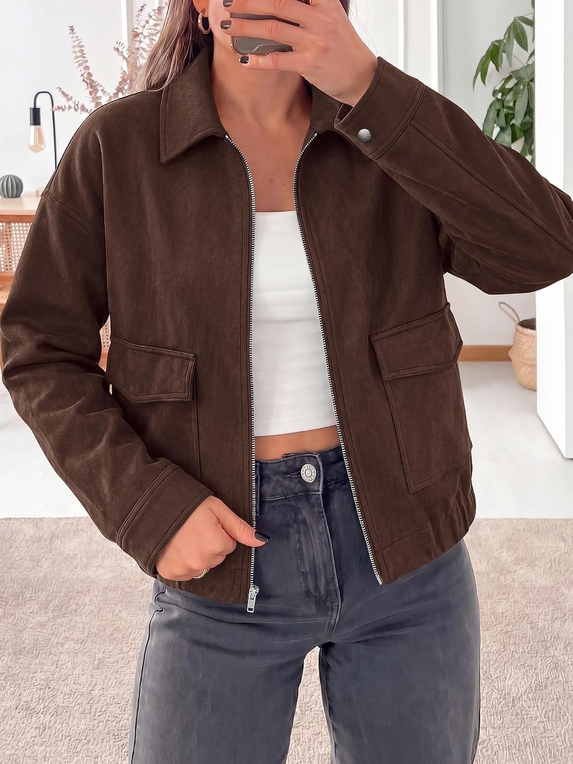 image:imageKIRUNDO Womens Faux Suede Bomber Jacket Zip Up Cropped Fall CoatsCoffee