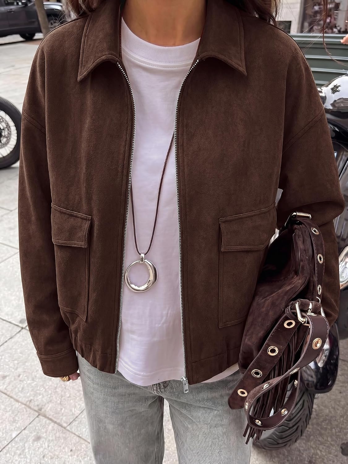 image:imageKIRUNDO Womens Faux Suede Bomber Jacket Zip Up Cropped Fall CoatsCoffee