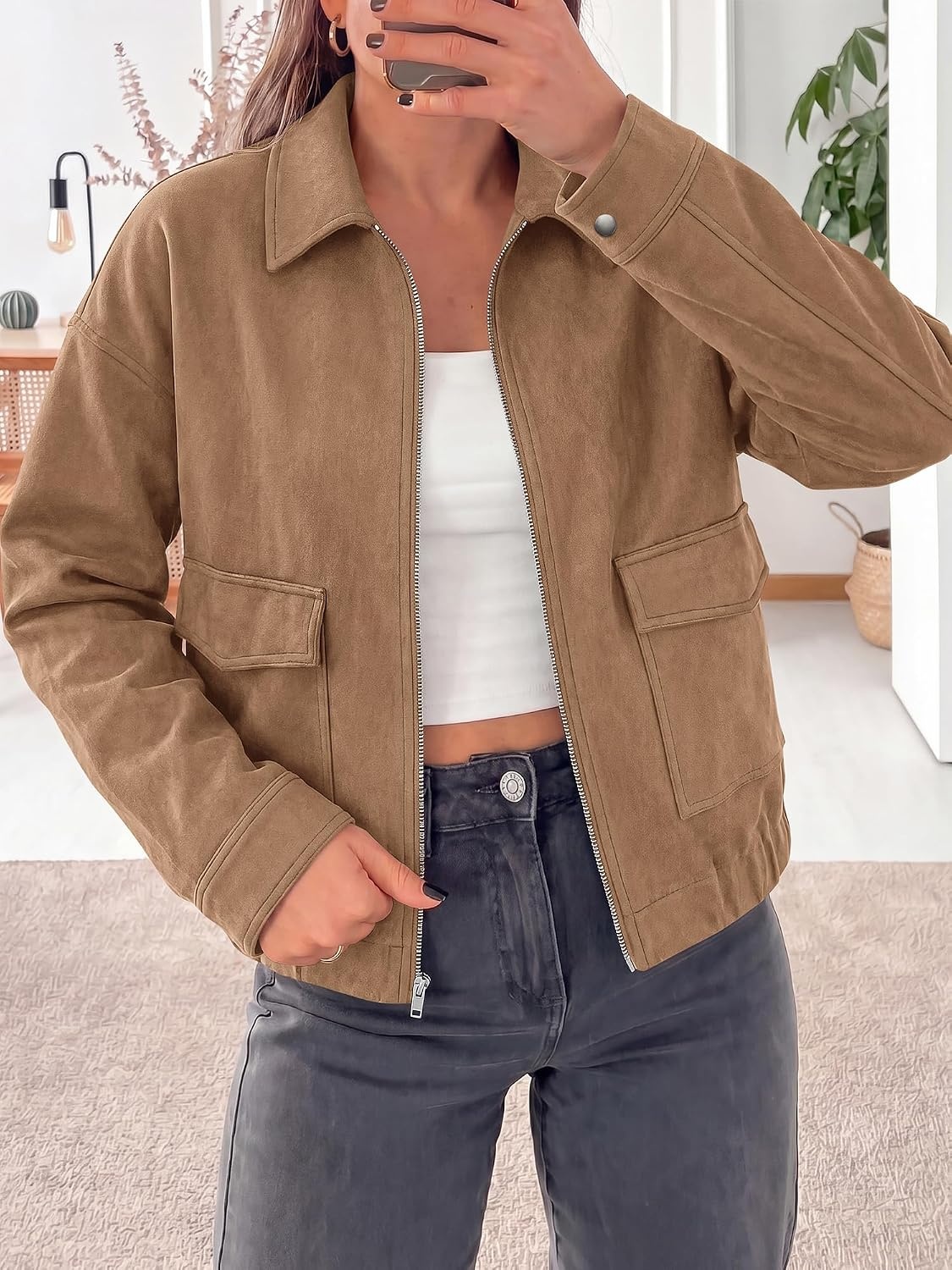 image:imageKIRUNDO Womens Faux Suede Bomber Jacket Zip Up Cropped Fall CoatsKhaki