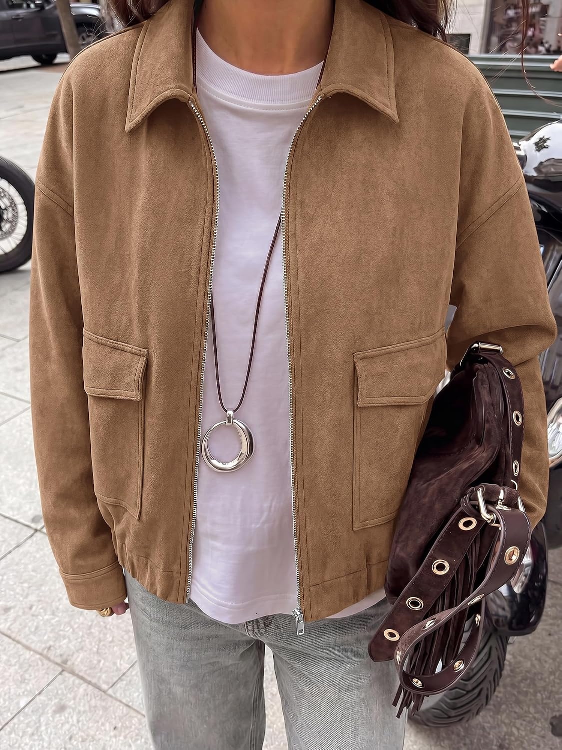 image:imageKIRUNDO Womens Faux Suede Bomber Jacket Zip Up Cropped Fall CoatsKhaki