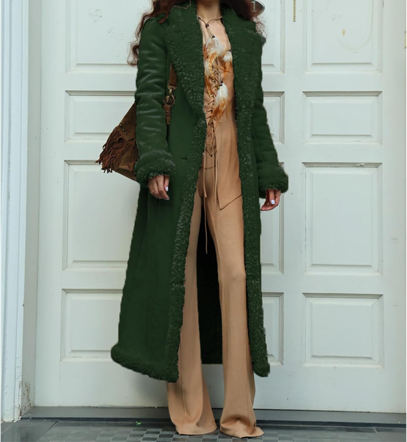 image:imageKubbon Womens Long Trench Coat Suede Leather Shearing Jacket Lapel OvercoatArmy Green