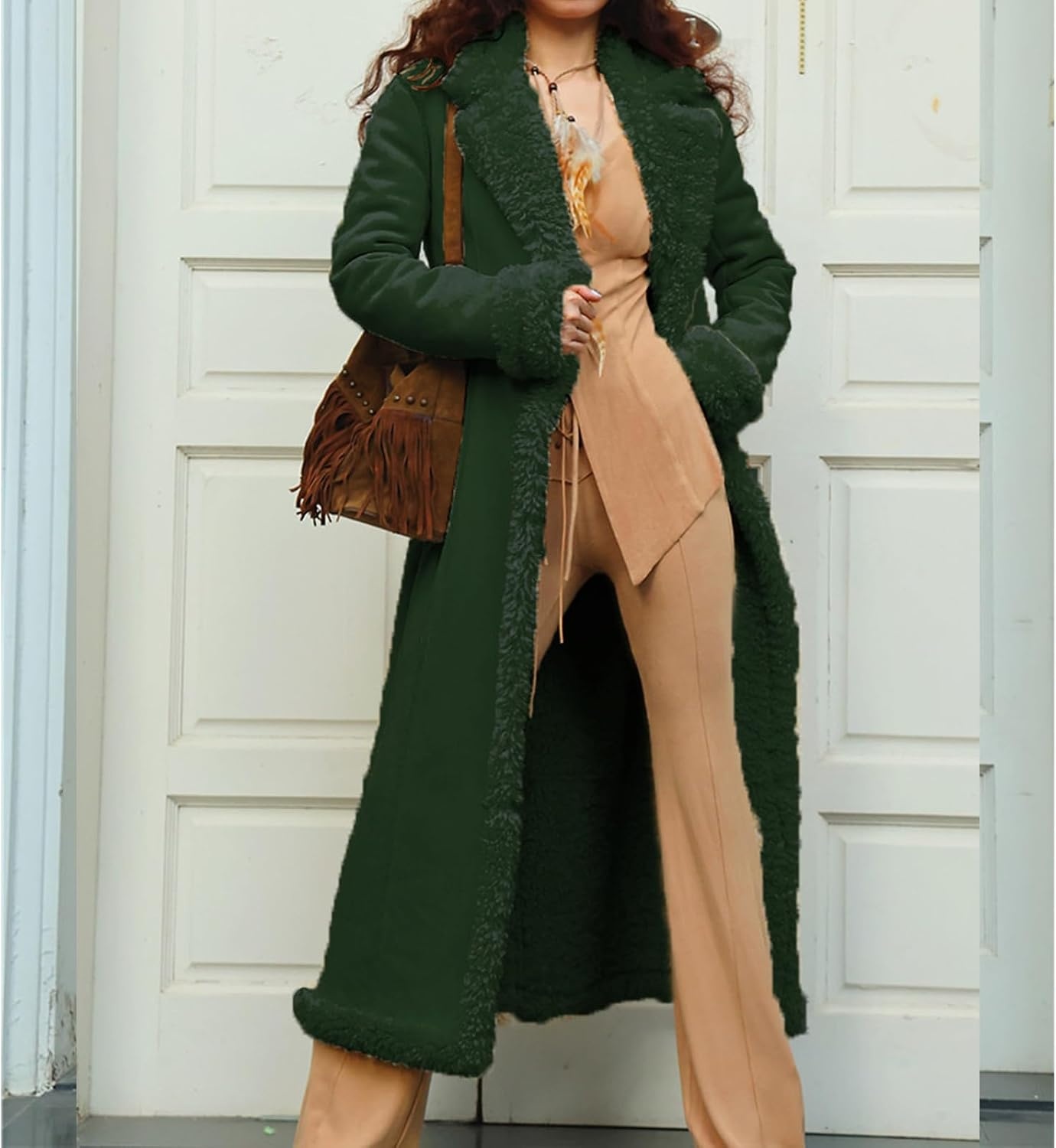 image:imageKubbon Womens Long Trench Coat Suede Leather Shearing Jacket Lapel OvercoatArmy Green