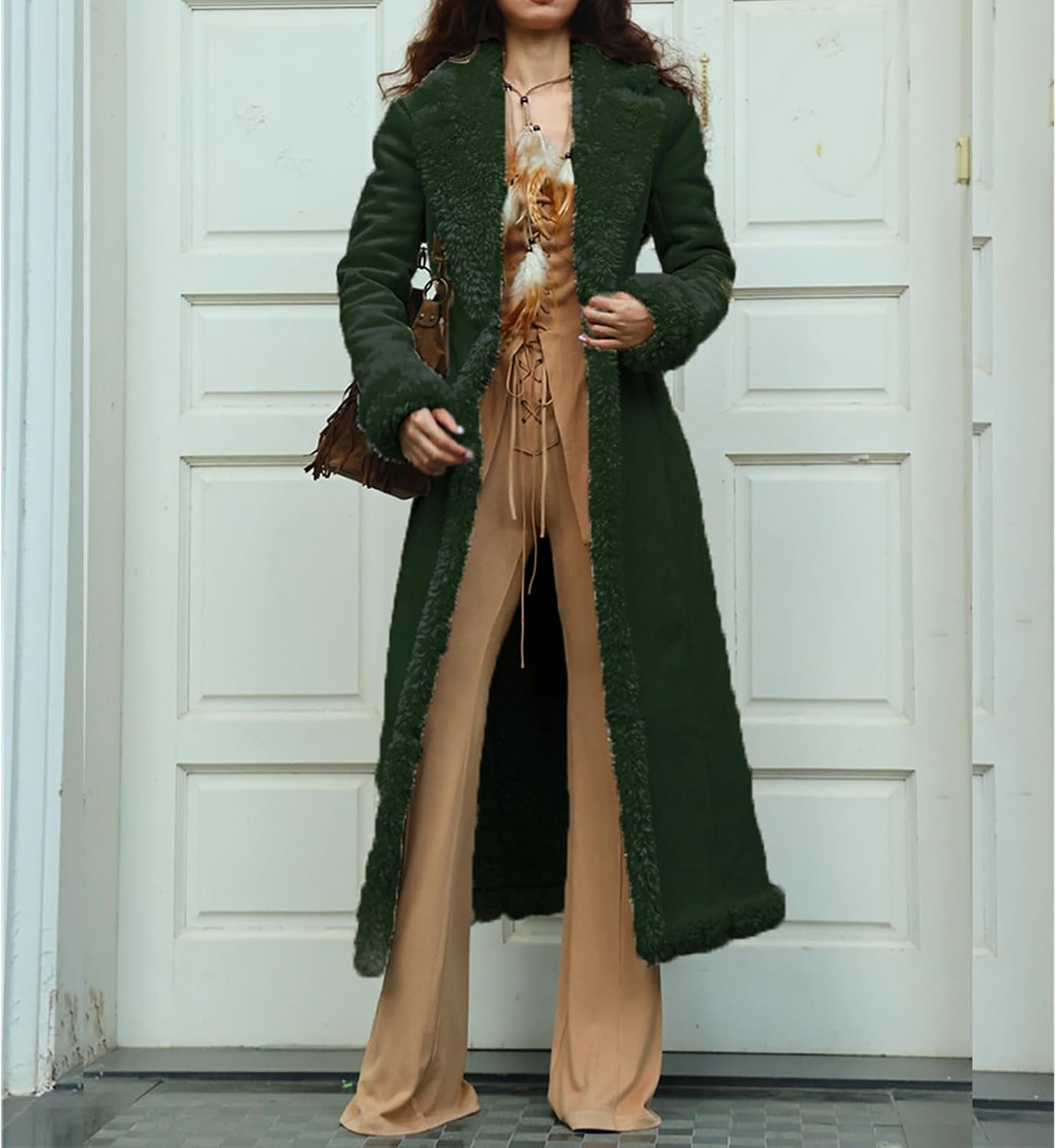 image:imageKubbon Womens Long Trench Coat Suede Leather Shearing Jacket Lapel OvercoatArmy Green