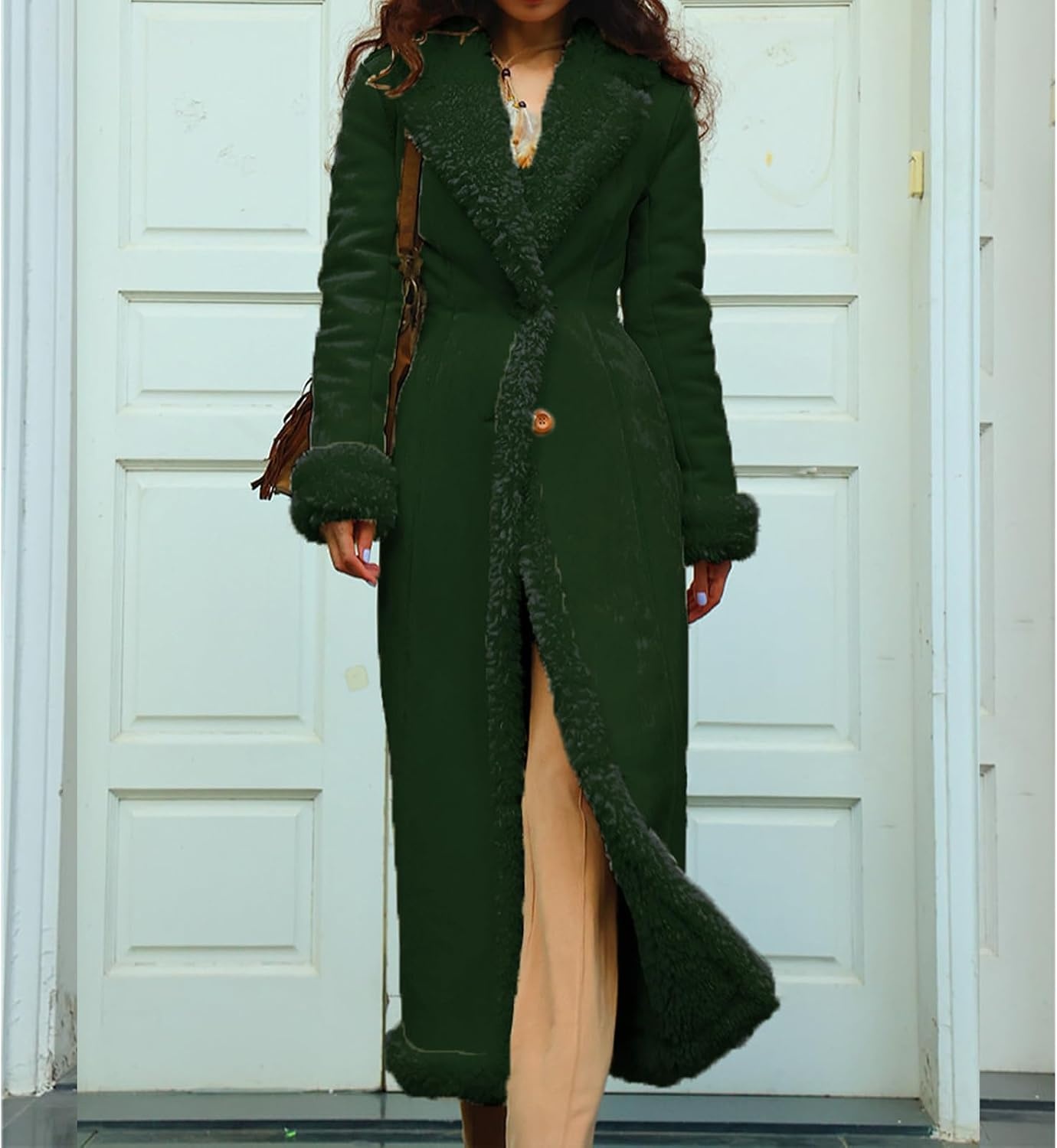 image:imageKubbon Womens Long Trench Coat Suede Leather Shearing Jacket Lapel OvercoatArmy Green
