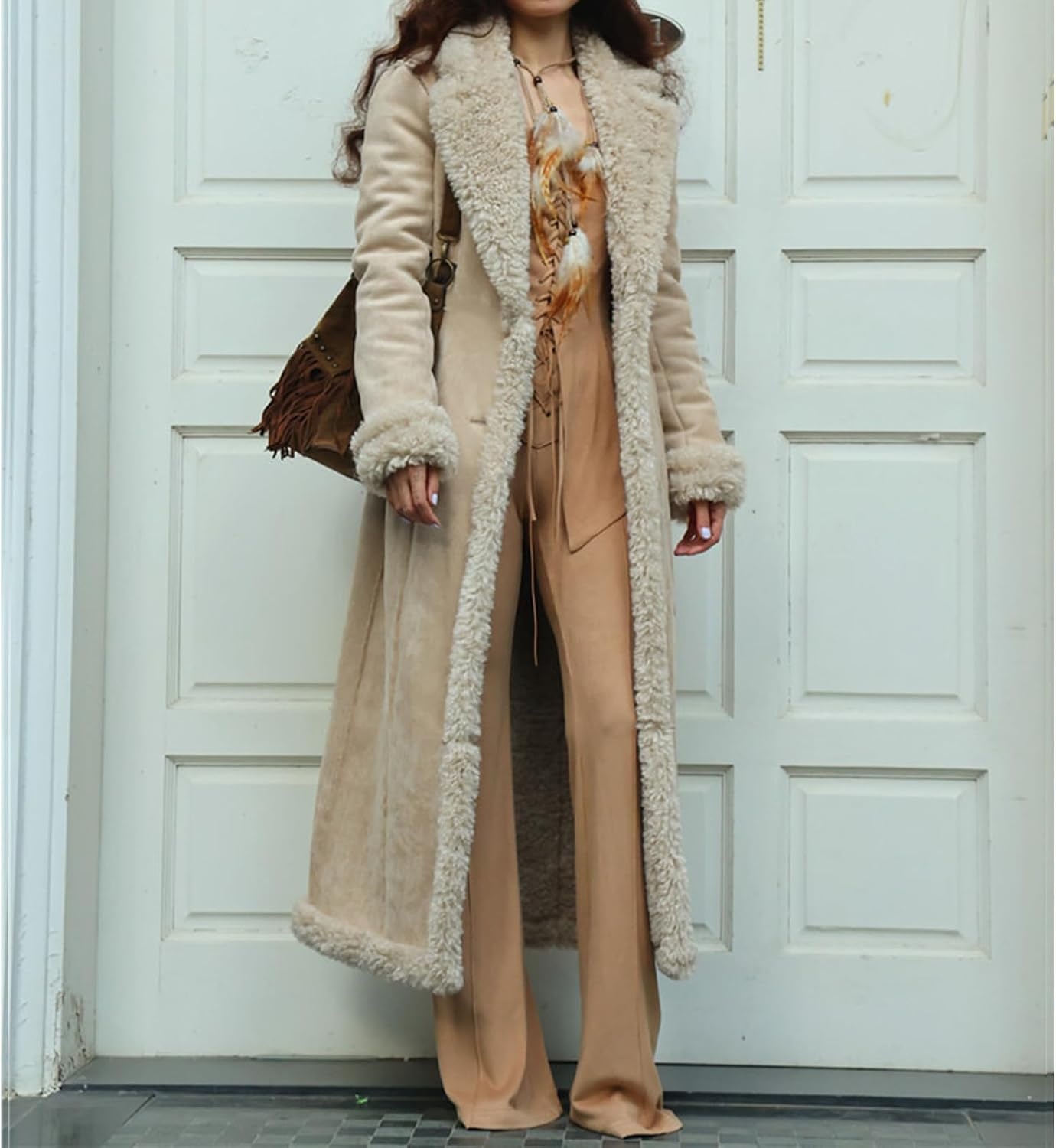 image:imageKubbon Womens Long Trench Coat Suede Leather Shearing Jacket Lapel OvercoatBeige