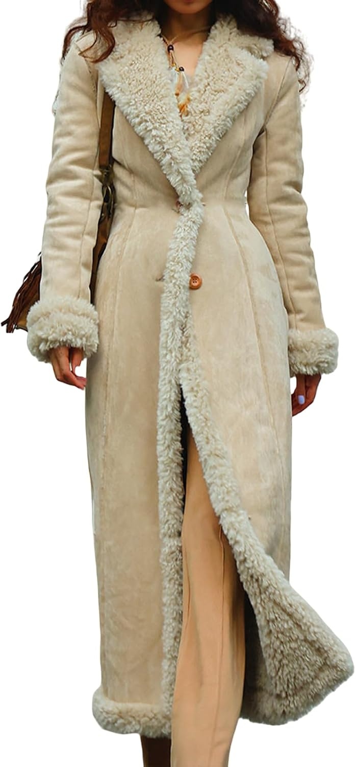 image:imageKubbon Womens Long Trench Coat Suede Leather Shearing Jacket Lapel OvercoatBeige