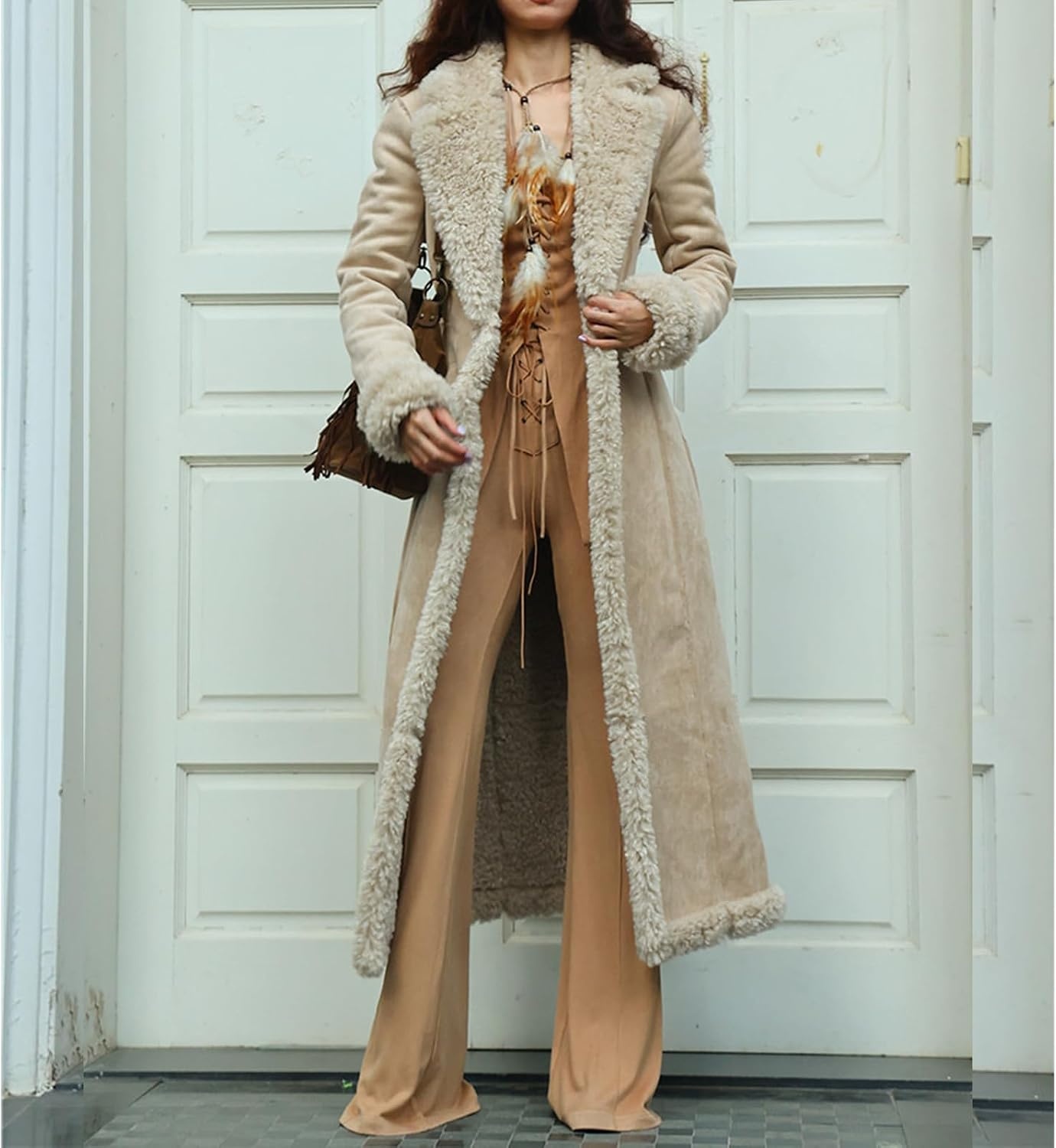 image:imageKubbon Womens Long Trench Coat Suede Leather Shearing Jacket Lapel OvercoatBeige