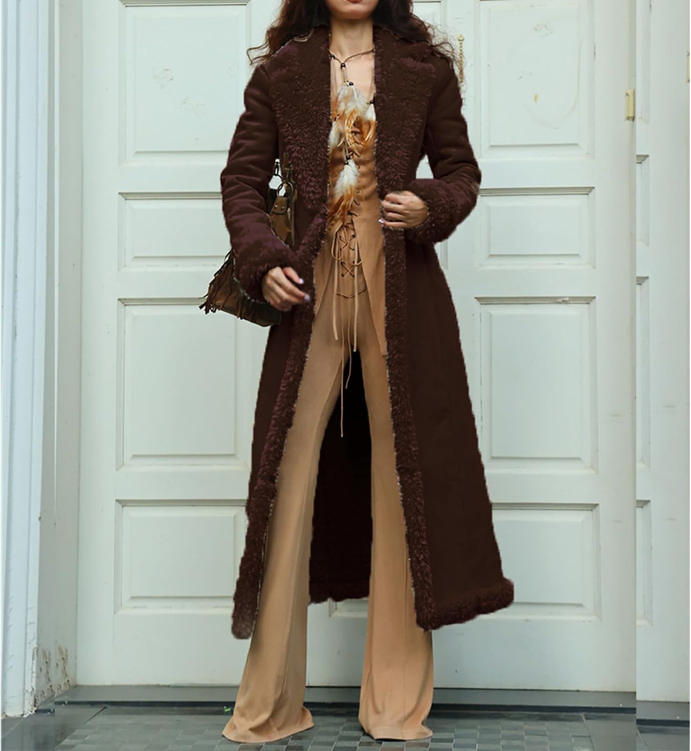 image:imageKubbon Womens Long Trench Coat Suede Leather Shearing Jacket Lapel OvercoatCoffee