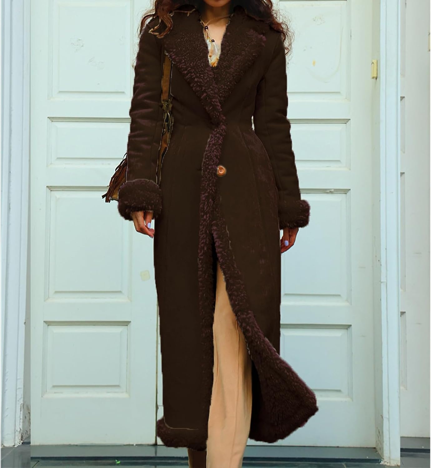 image:imageKubbon Womens Long Trench Coat Suede Leather Shearing Jacket Lapel OvercoatCoffee