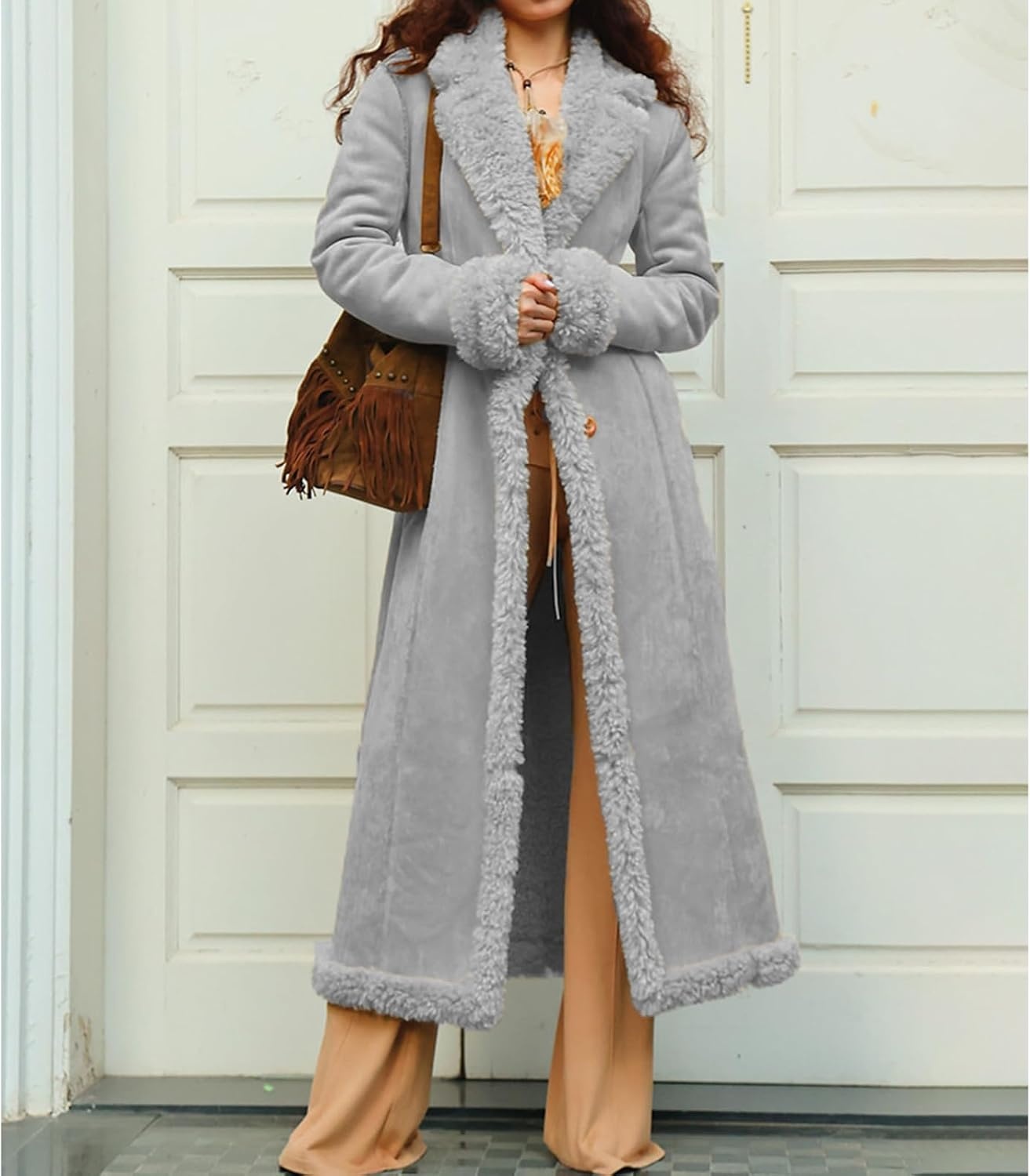 image:imageKubbon Womens Long Trench Coat Suede Leather Shearing Jacket Lapel OvercoatGray
