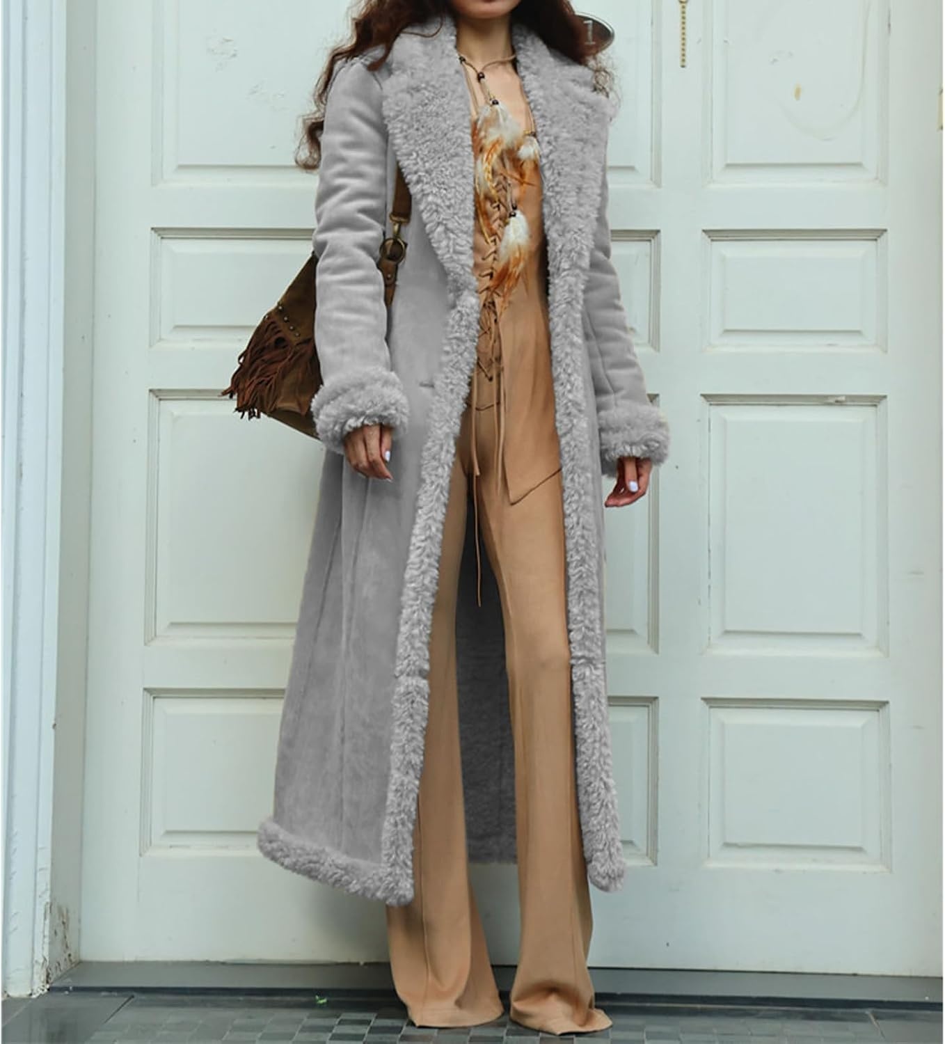 image:imageKubbon Womens Long Trench Coat Suede Leather Shearing Jacket Lapel OvercoatGray