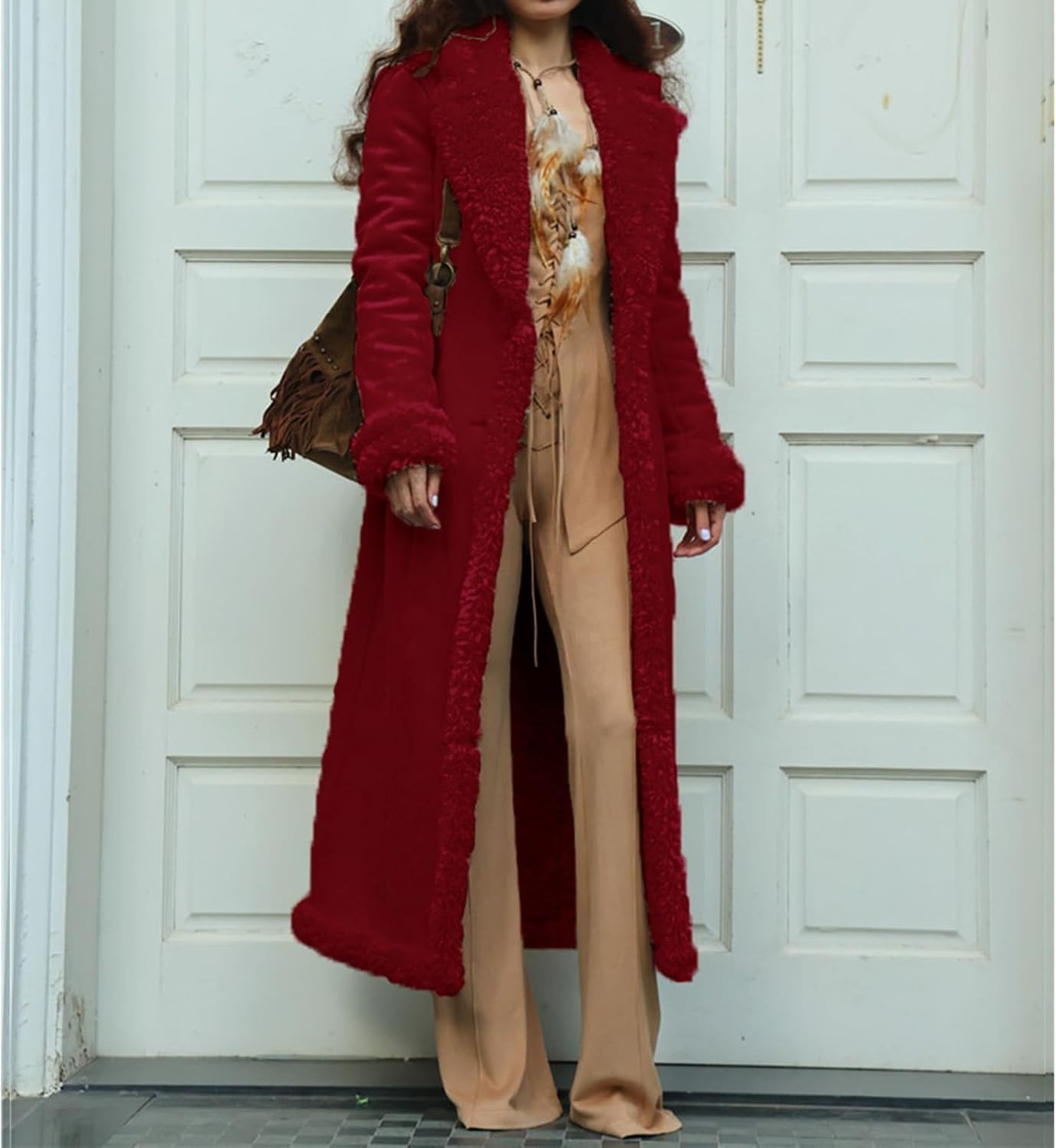 image:imageKubbon Womens Long Trench Coat Suede Leather Shearing Jacket Lapel OvercoatWine Red