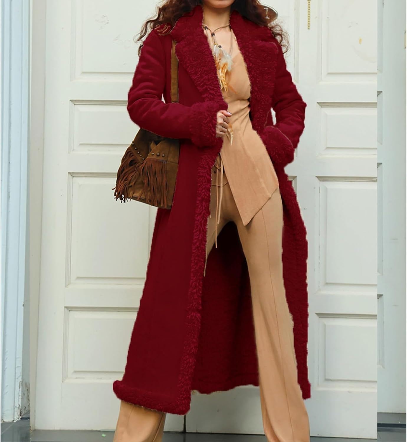 image:imageKubbon Womens Long Trench Coat Suede Leather Shearing Jacket Lapel OvercoatWine Red