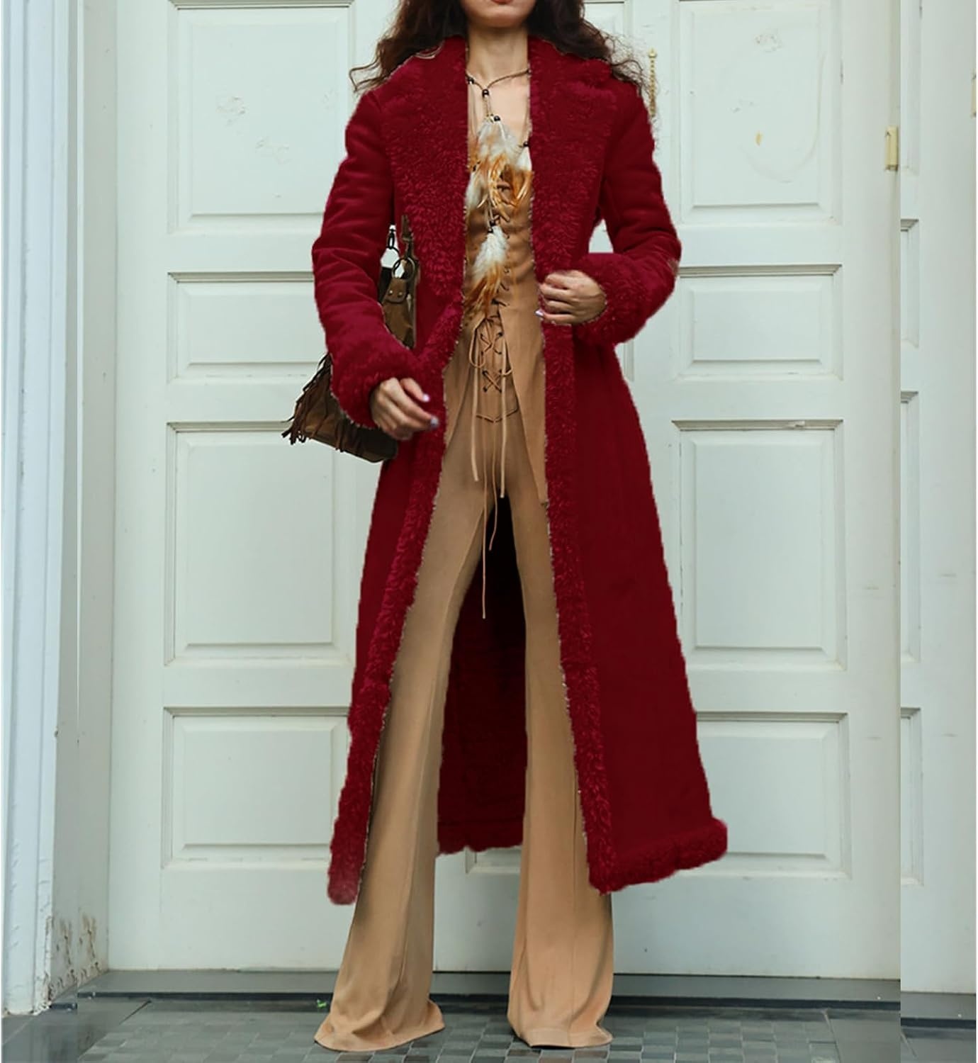 image:imageKubbon Womens Long Trench Coat Suede Leather Shearing Jacket Lapel OvercoatWine Red
