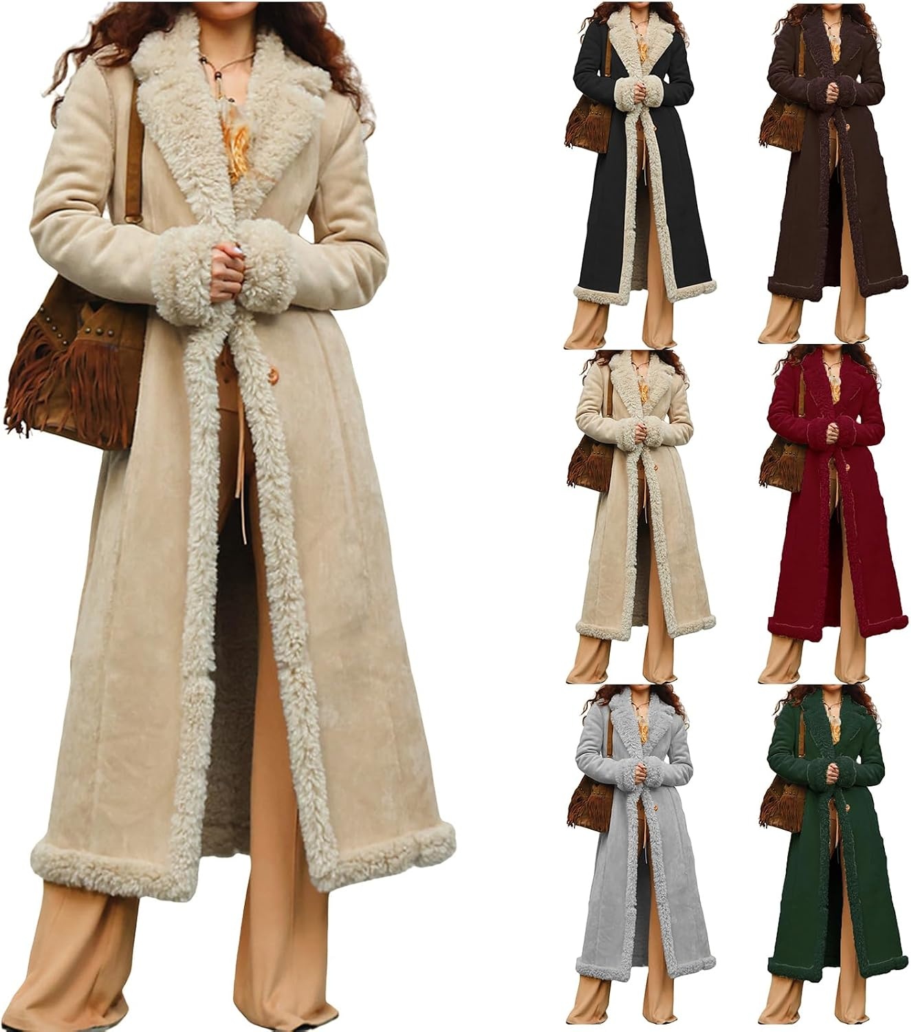 image:imageKubbon Womens Long Trench Coat Suede Leather Shearing Jacket Lapel OvercoatWine Red