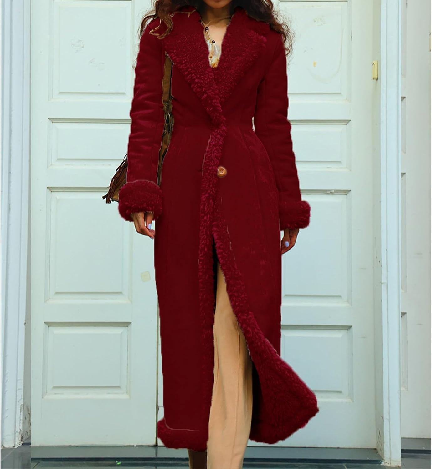 image:imageKubbon Womens Long Trench Coat Suede Leather Shearing Jacket Lapel OvercoatWine Red