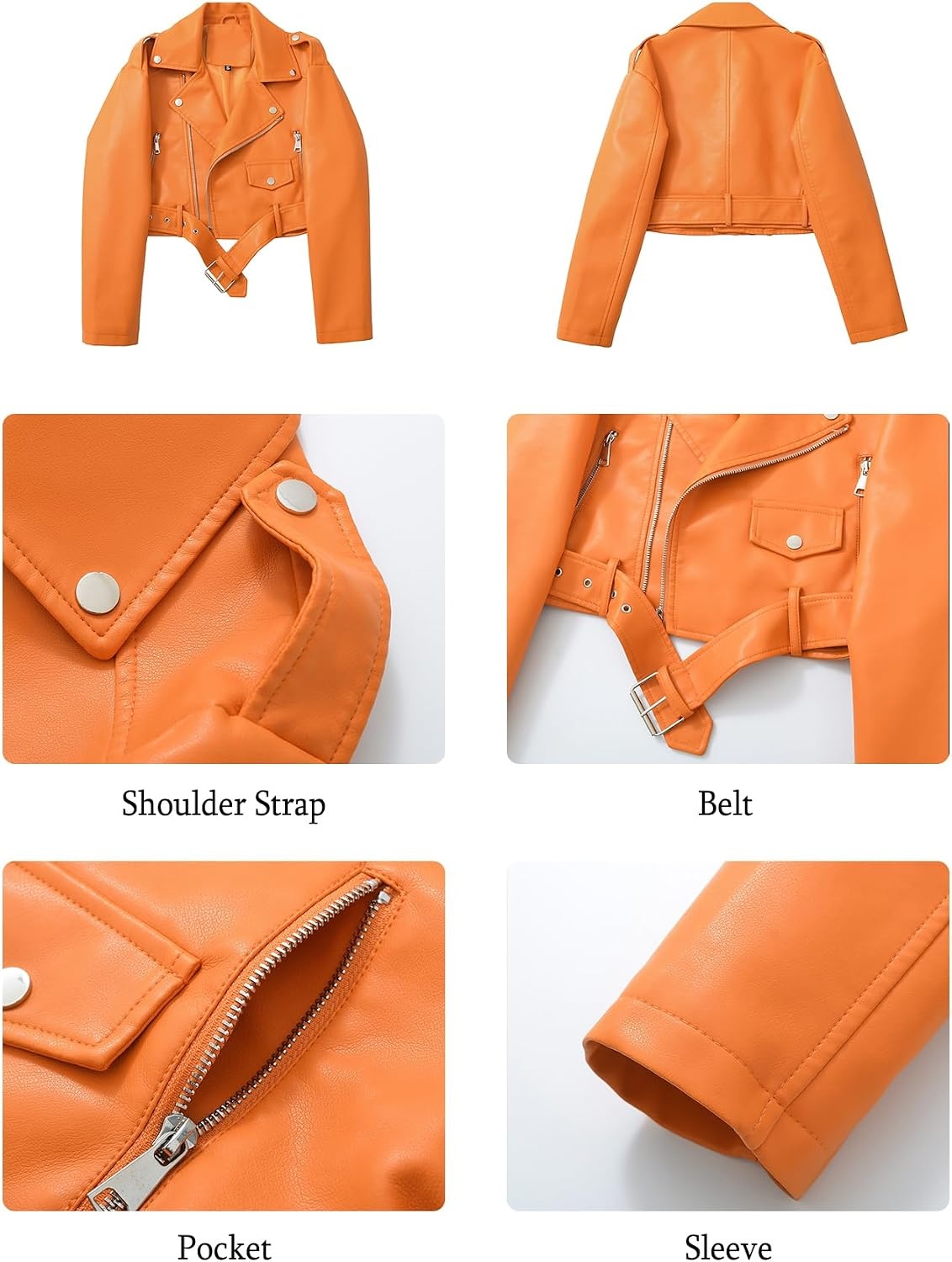 image:imageLY VAREY LIN Women Faux Leather Cropped Jacket Bomber Aviator Motor Biker Coat with Belt903orange