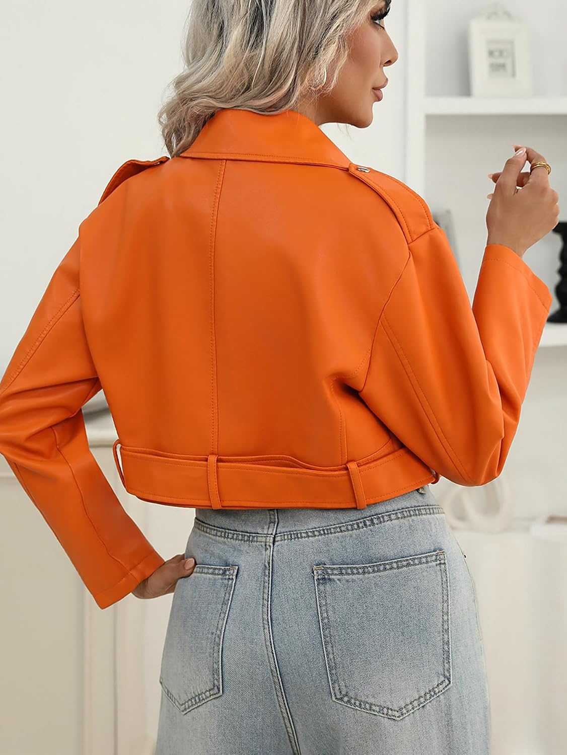 image:imageLY VAREY LIN Women Faux Leather Cropped Jacket Bomber Aviator Motor Biker Coat with Belt903orange