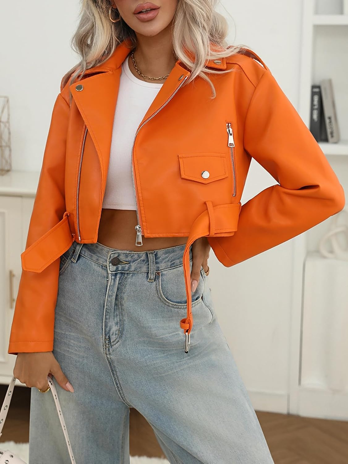 image:imageLY VAREY LIN Women Faux Leather Cropped Jacket Bomber Aviator Motor Biker Coat with Belt903orange